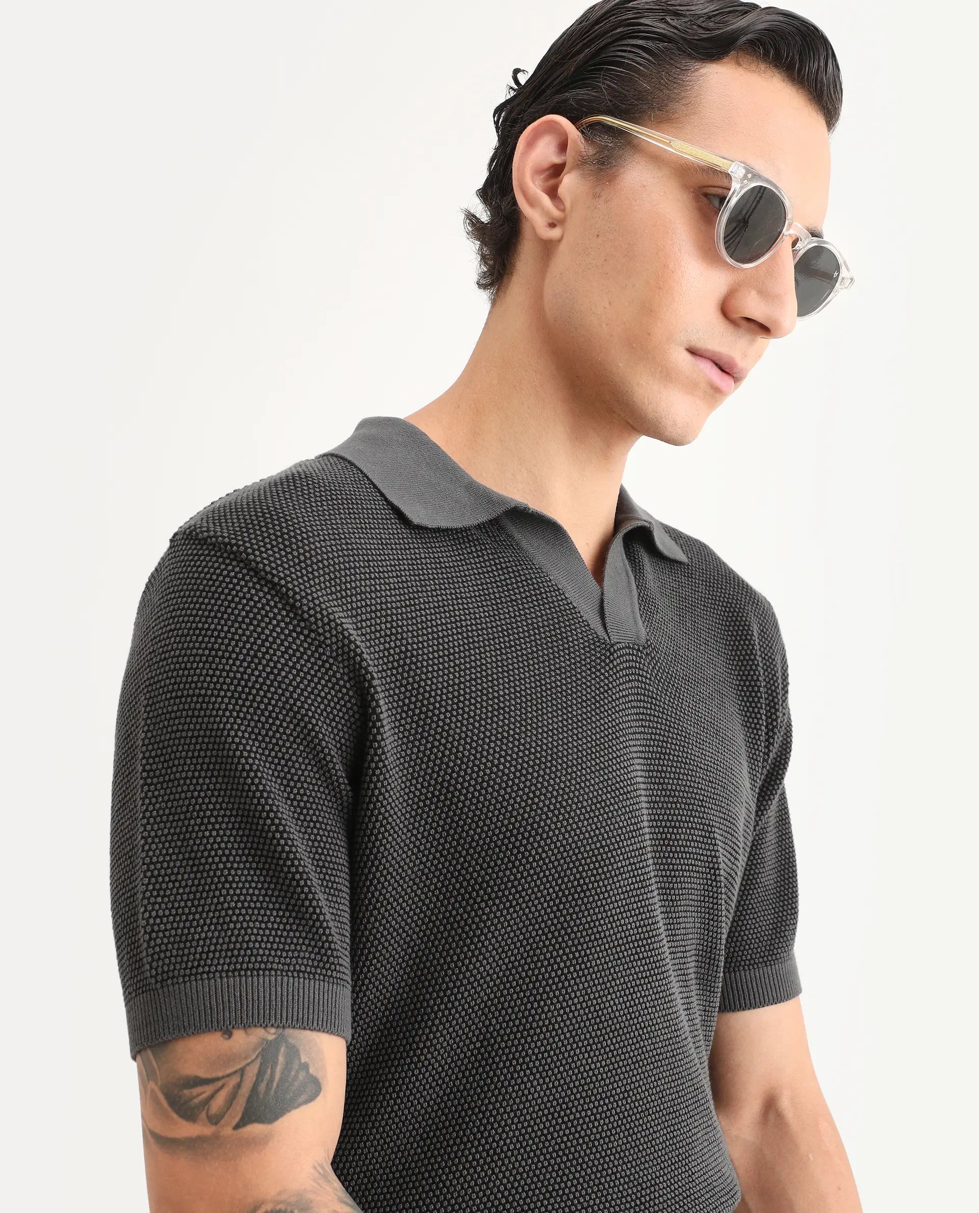 Rare Rabbit Men's Jordan Black Cotton Fabric Full Sleeve Regular Fit Textured Polo