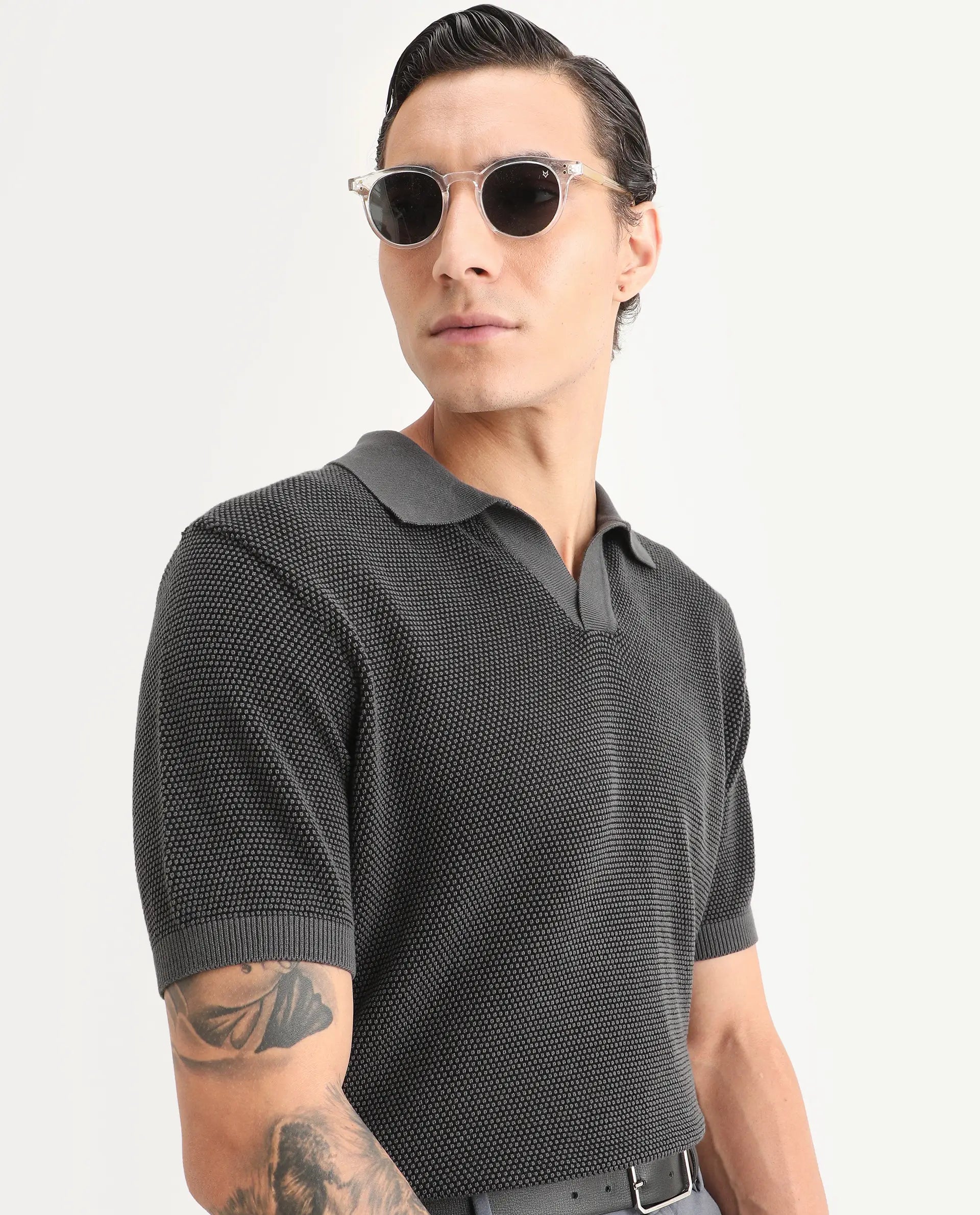 Rare Rabbit Men's Jordan Black Cotton Fabric Full Sleeve Regular Fit Textured Polo