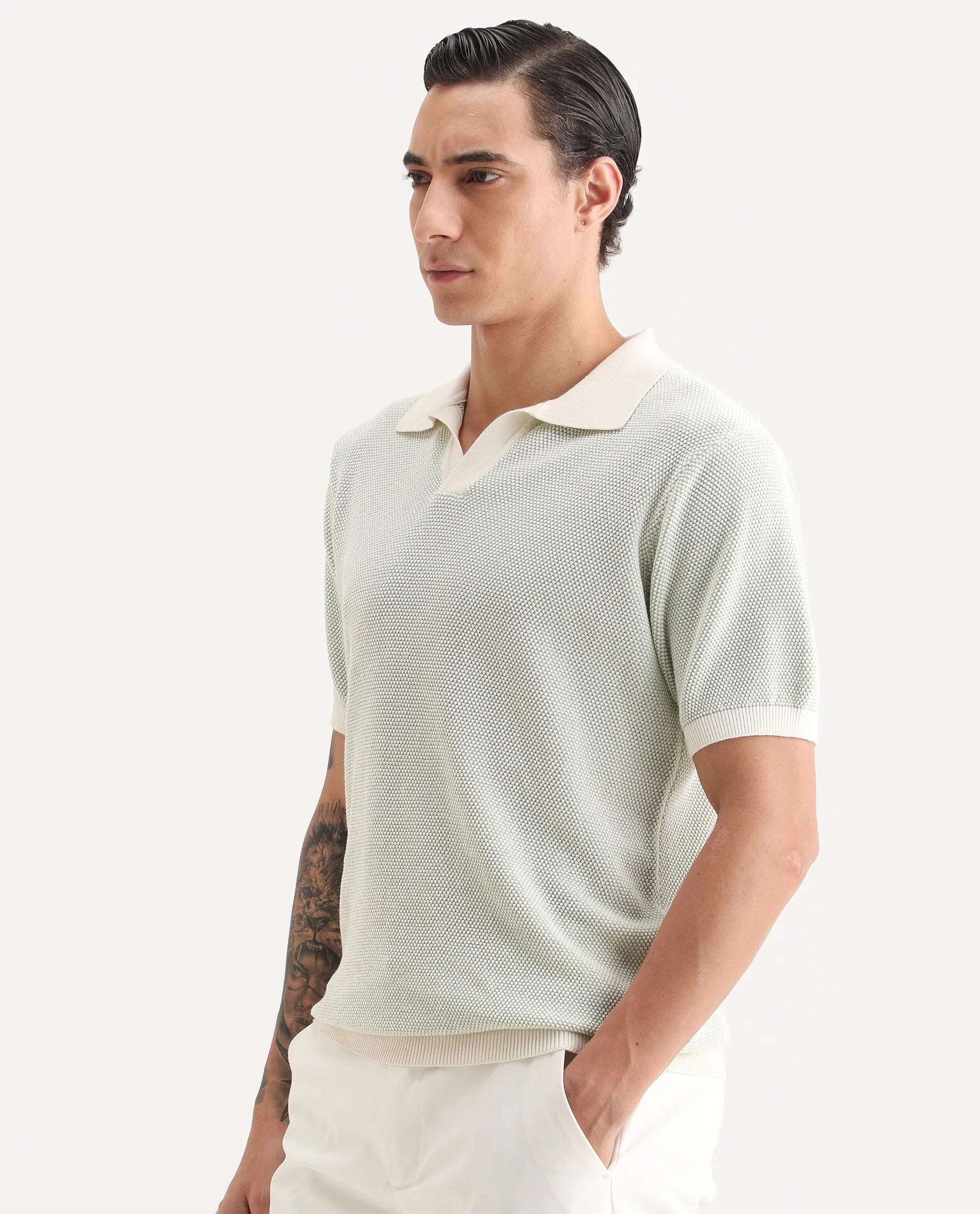 Rare Rabbit Men's Jordan Pastel Green Cotton Fabric Full Sleeve Regular Fit Textured Polo