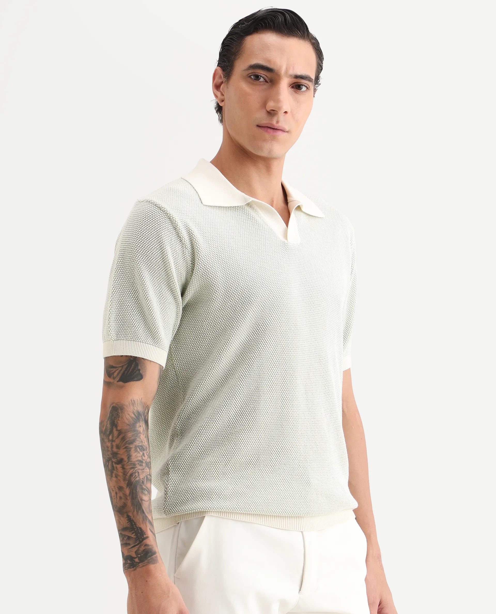 Rare Rabbit Men's Jordan Pastel Green Cotton Fabric Full Sleeve Regular Fit Textured Polo