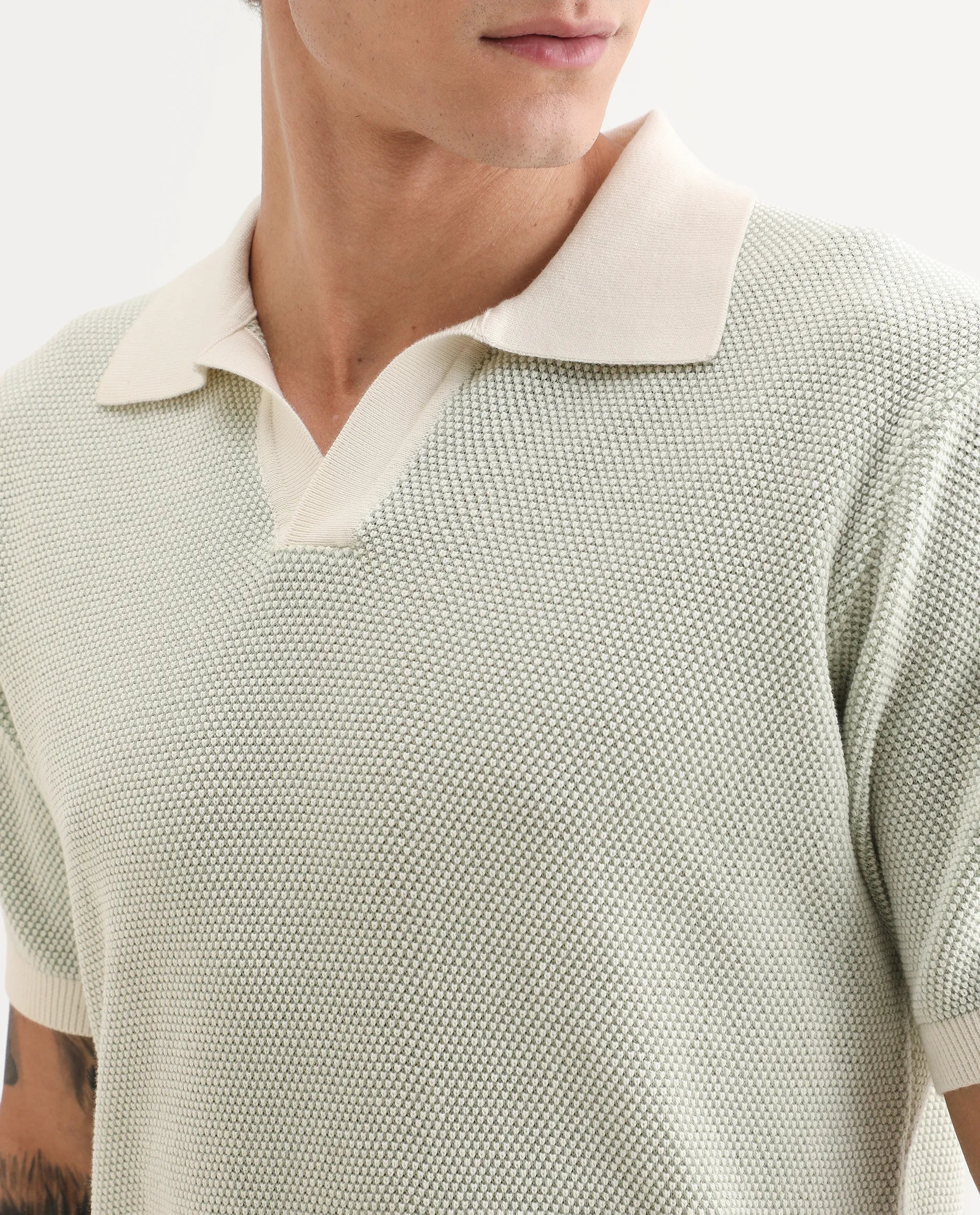 Rare Rabbit Men's Jordan Pastel Green Cotton Fabric Full Sleeve Regular Fit Textured Polo