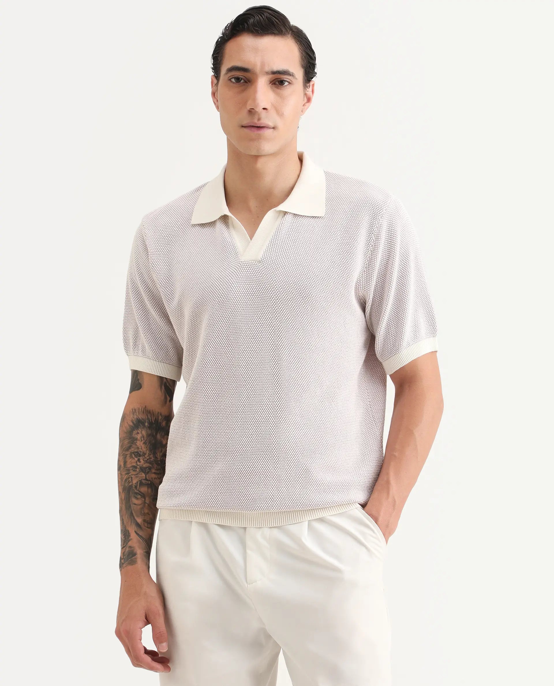 Rare Rabbit Men's Jordan Pastel Purple Cotton Fabric Full Sleeve Regular Fit Textured Polo