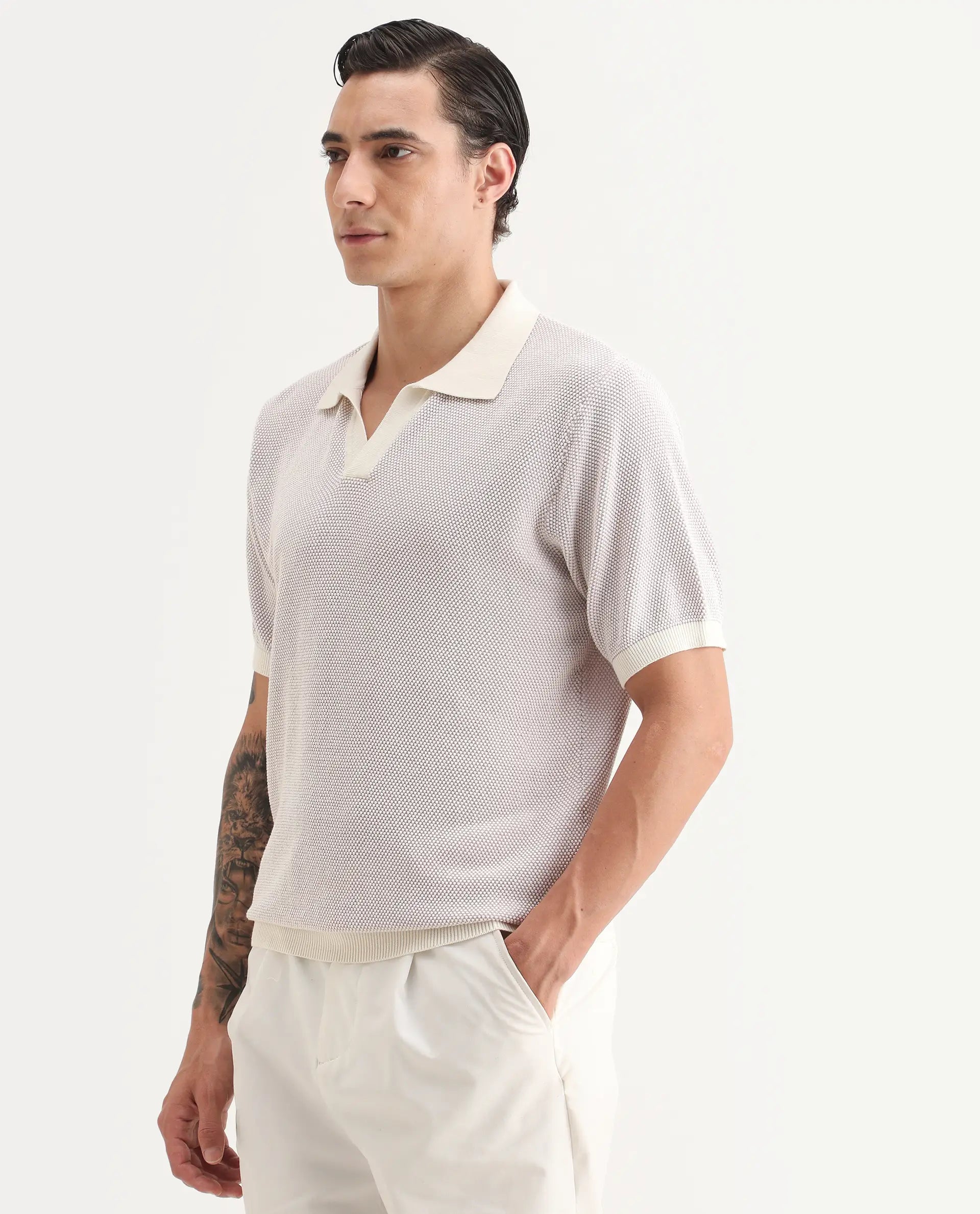 Rare Rabbit Men's Jordan Pastel Purple Cotton Fabric Full Sleeve Regular Fit Textured Polo