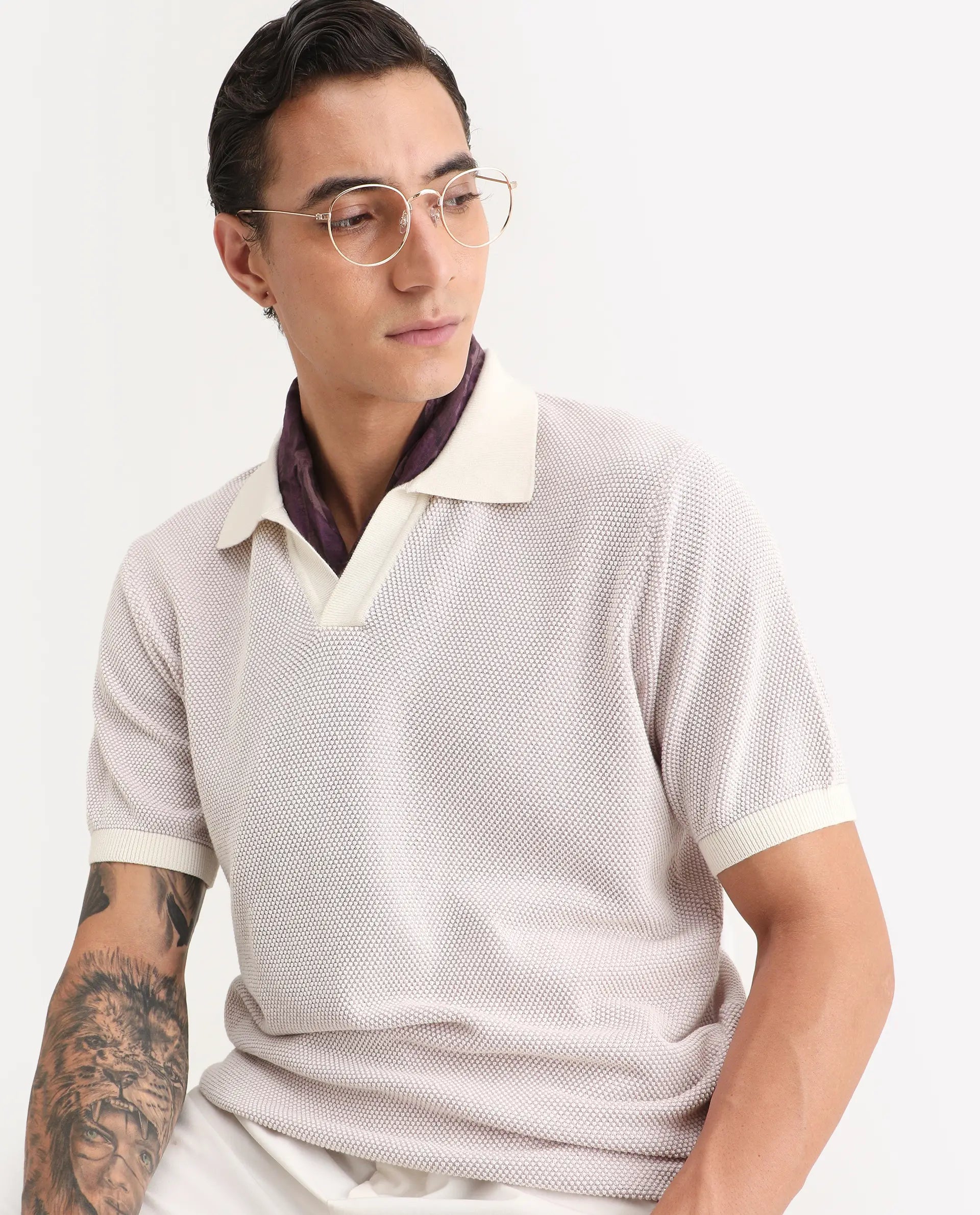 Rare Rabbit Men's Jordan Pastel Purple Cotton Fabric Full Sleeve Regular Fit Textured Polo