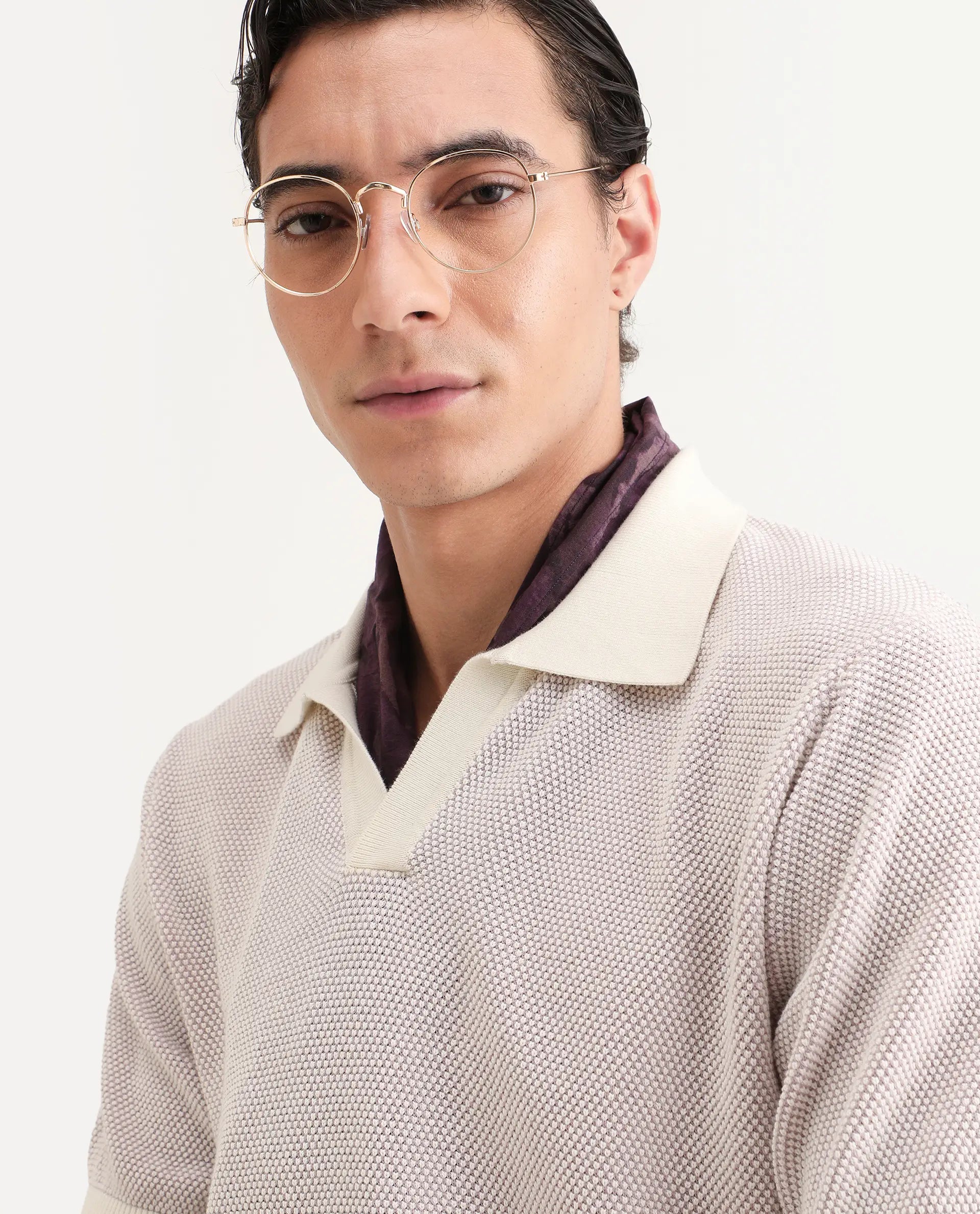 Rare Rabbit Men's Jordan Pastel Purple Cotton Fabric Full Sleeve Regular Fit Textured Polo