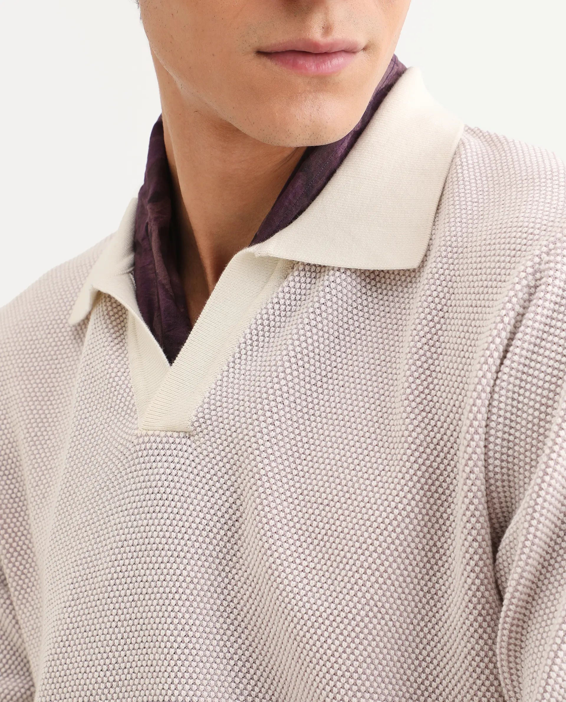 Rare Rabbit Men's Jordan Pastel Purple Cotton Fabric Full Sleeve Regular Fit Textured Polo