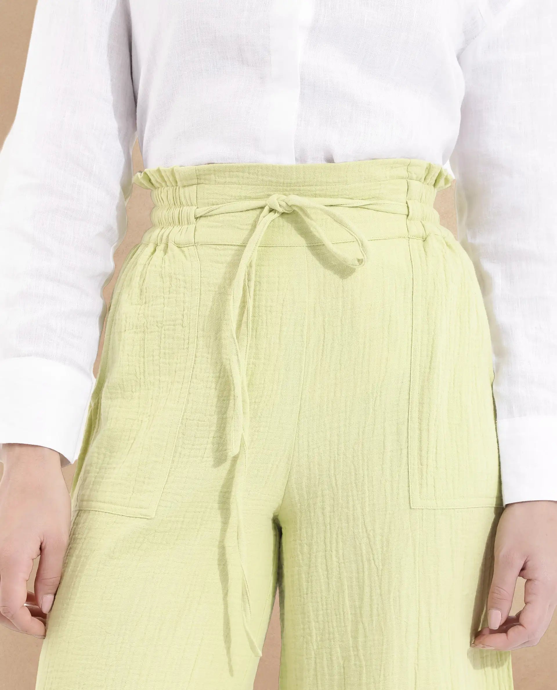 Rareism Women Jorden-B Flouroscent Green Tie Up Wide Fit Ankle Length Plain Trouser