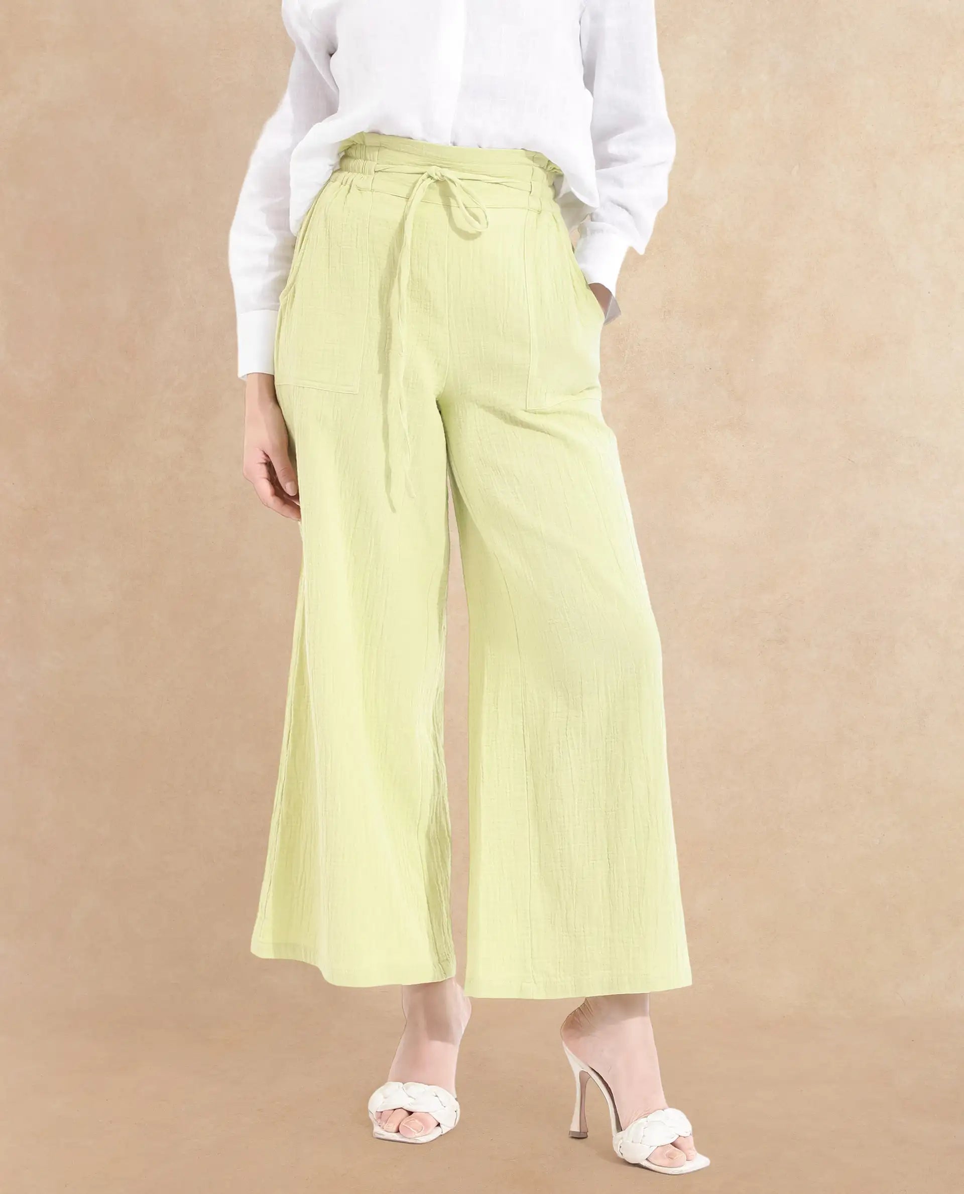 Rareism Women Jorden-B Flouroscent Green Tie Up Wide Fit Ankle Length Plain Trouser