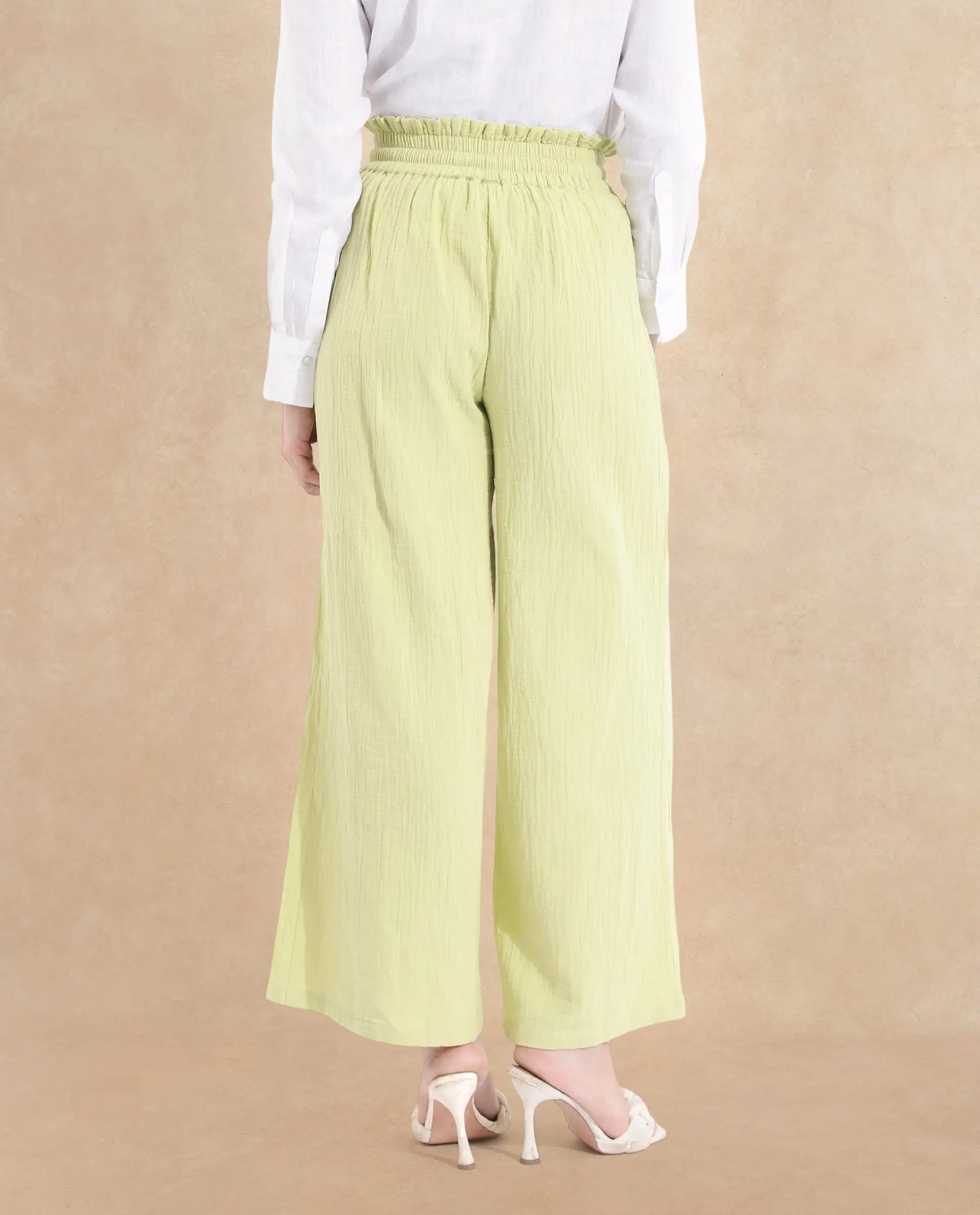 Rareism Women Jorden-B Flouroscent Green Tie Up Wide Fit Ankle Length Plain Trouser