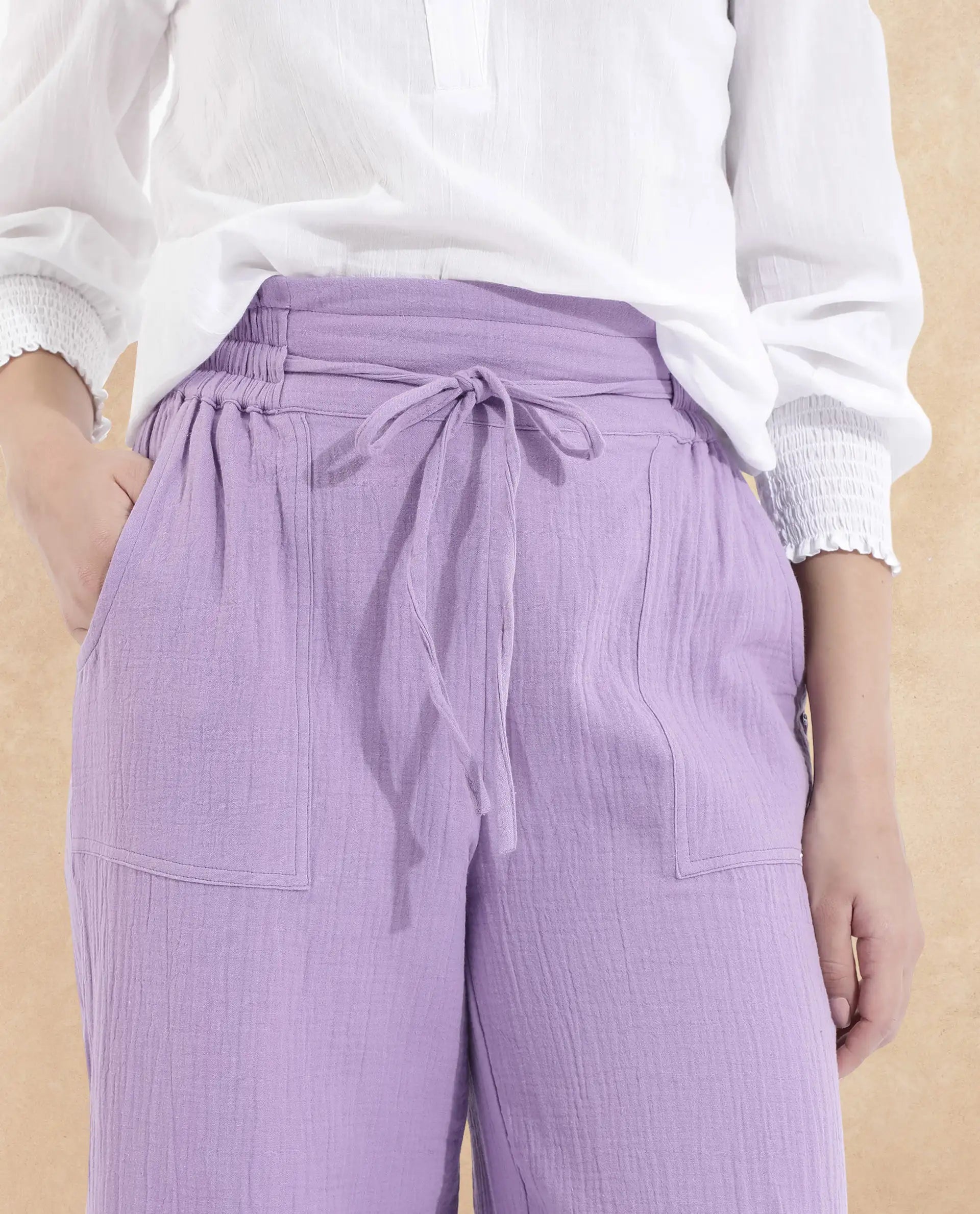Rareism Women Jorden-B Pastel Purple Tie Up Wide Fit Ankle Length Plain Trouser