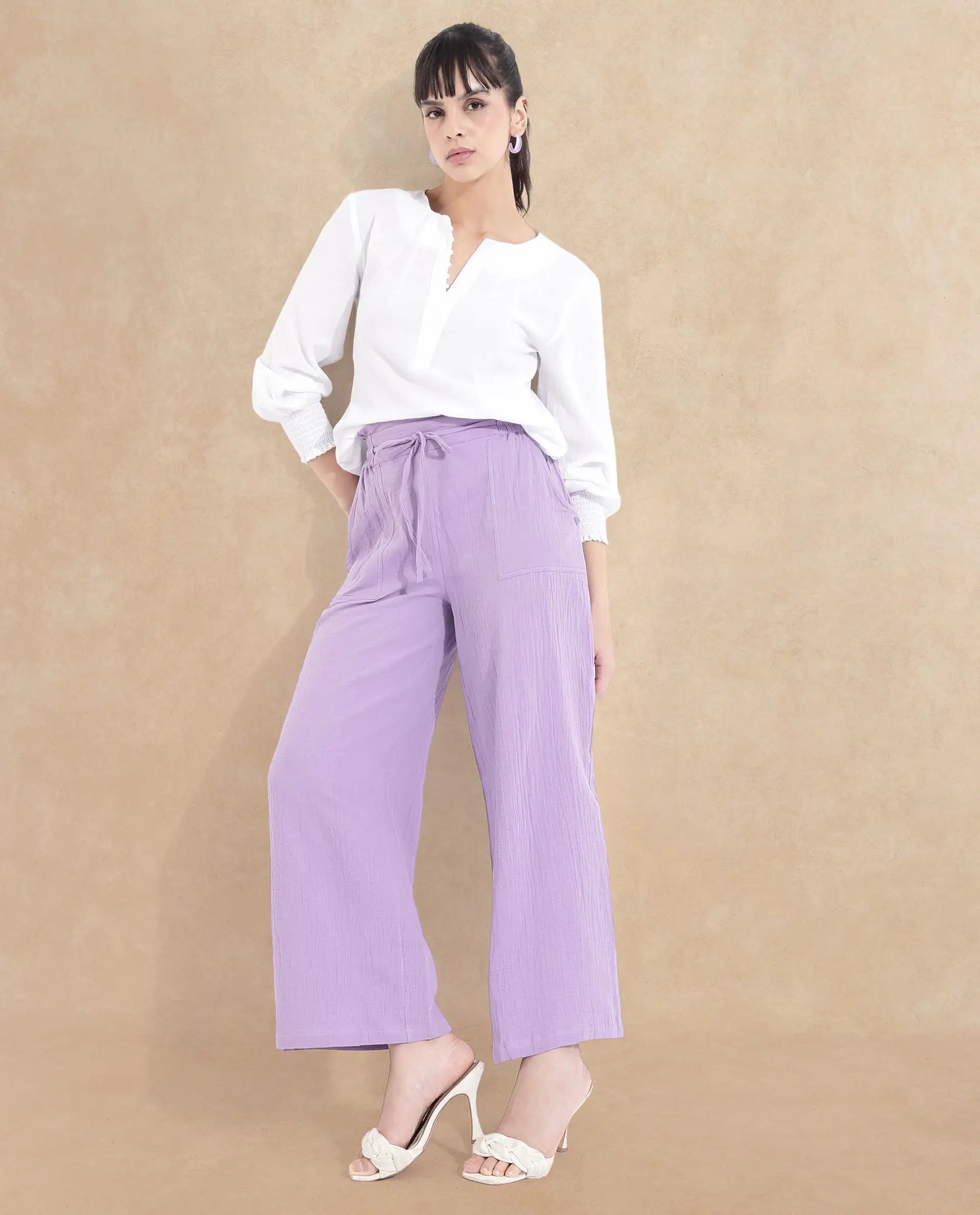 Rareism Women Jorden-B Pastel Purple Tie Up Wide Fit Ankle Length Plain Trouser
