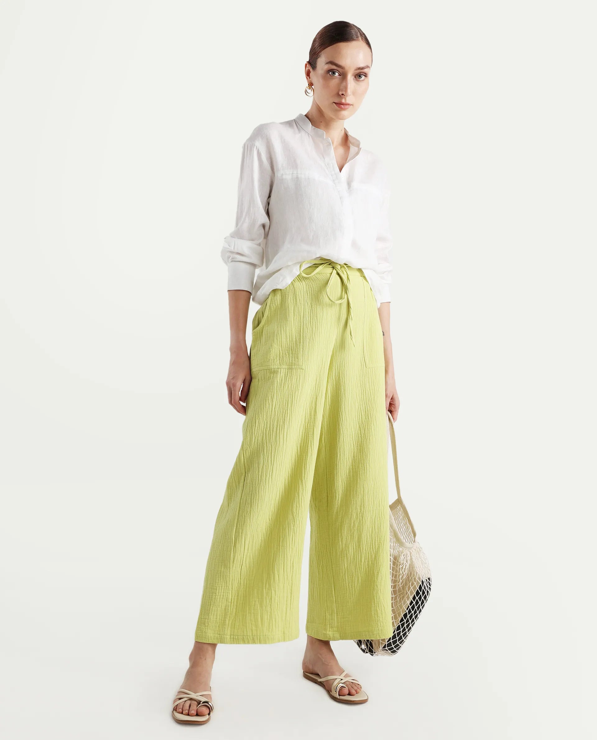 Rareism Women's Jorden B Flouroscent Cotton Blend Plain Ankle Length Wide Leg Trouser