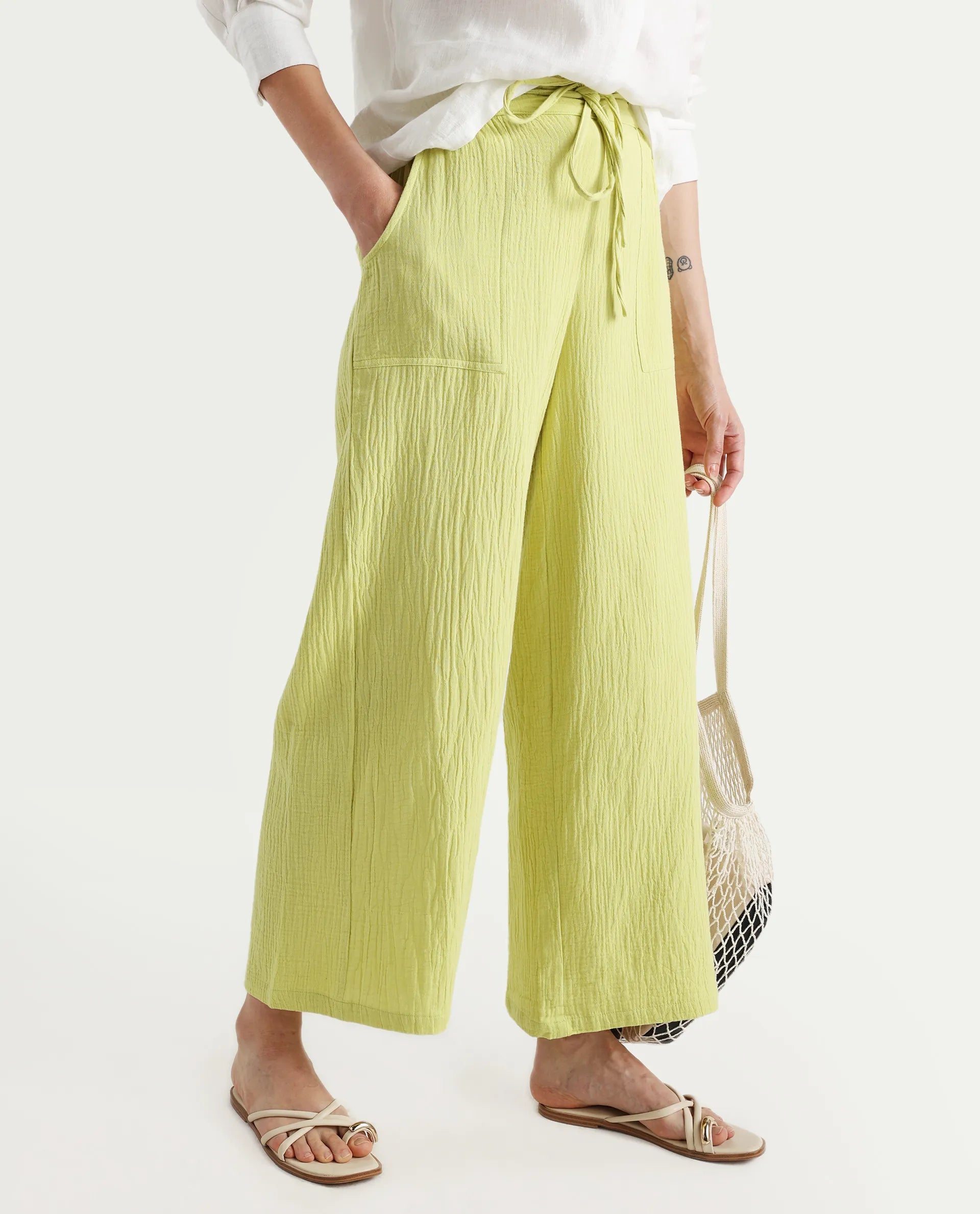 Rareism Women's Jorden B Flouroscent Cotton Blend Plain Ankle Length Wide Leg Trouser