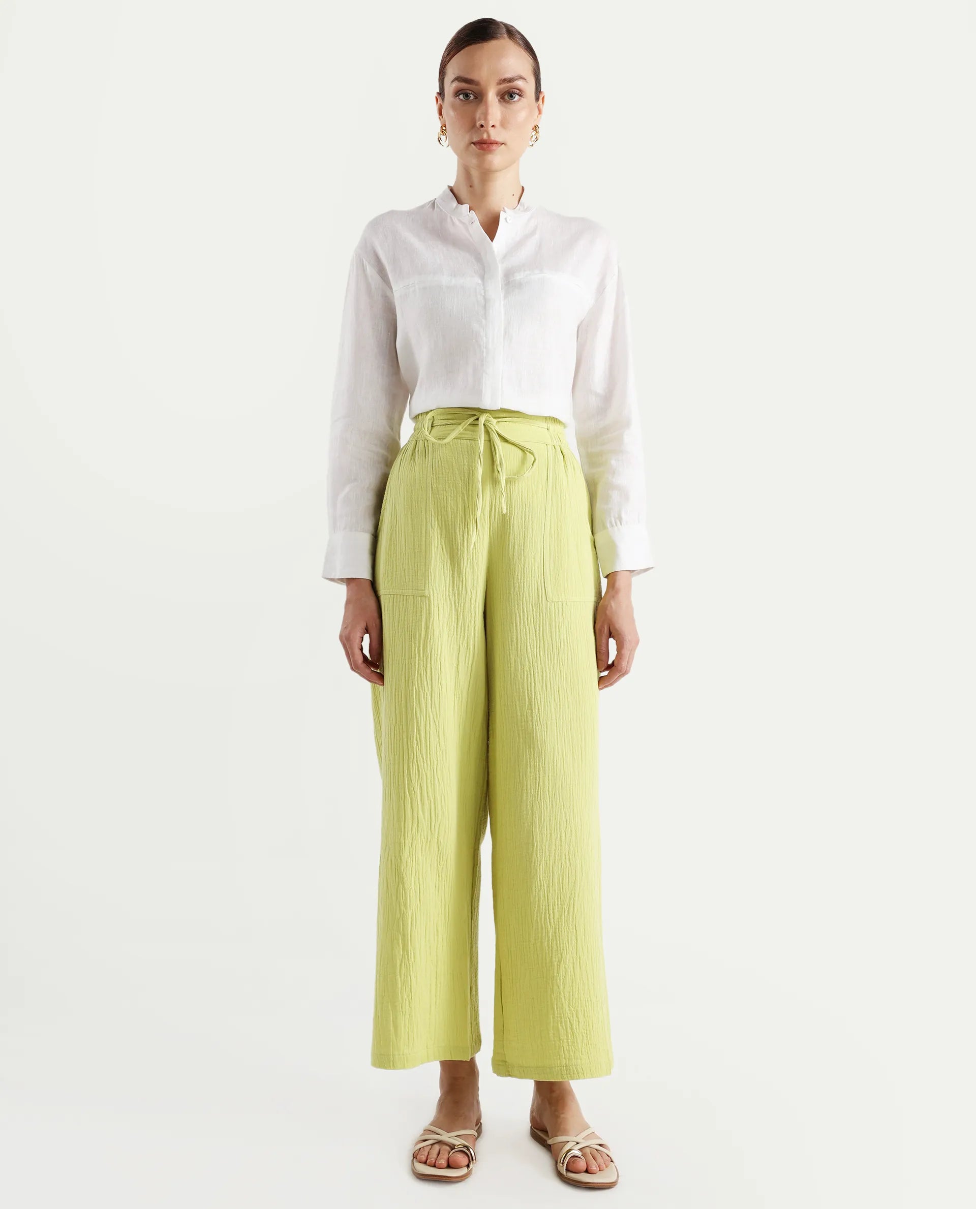 Rareism Women's Jorden B Flouroscent Cotton Blend Plain Ankle Length Wide Leg Trouser