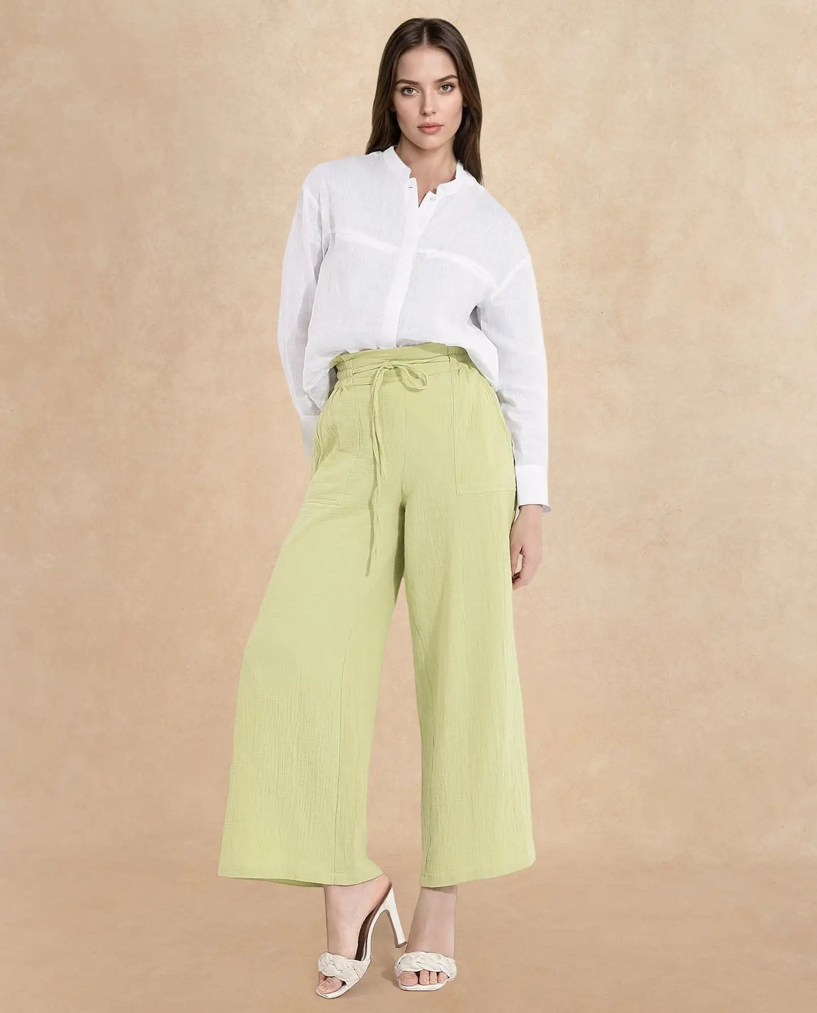 Rareism Women Jorden-B Flouroscent Green Tie Up Wide Fit Ankle Length Plain Trouser