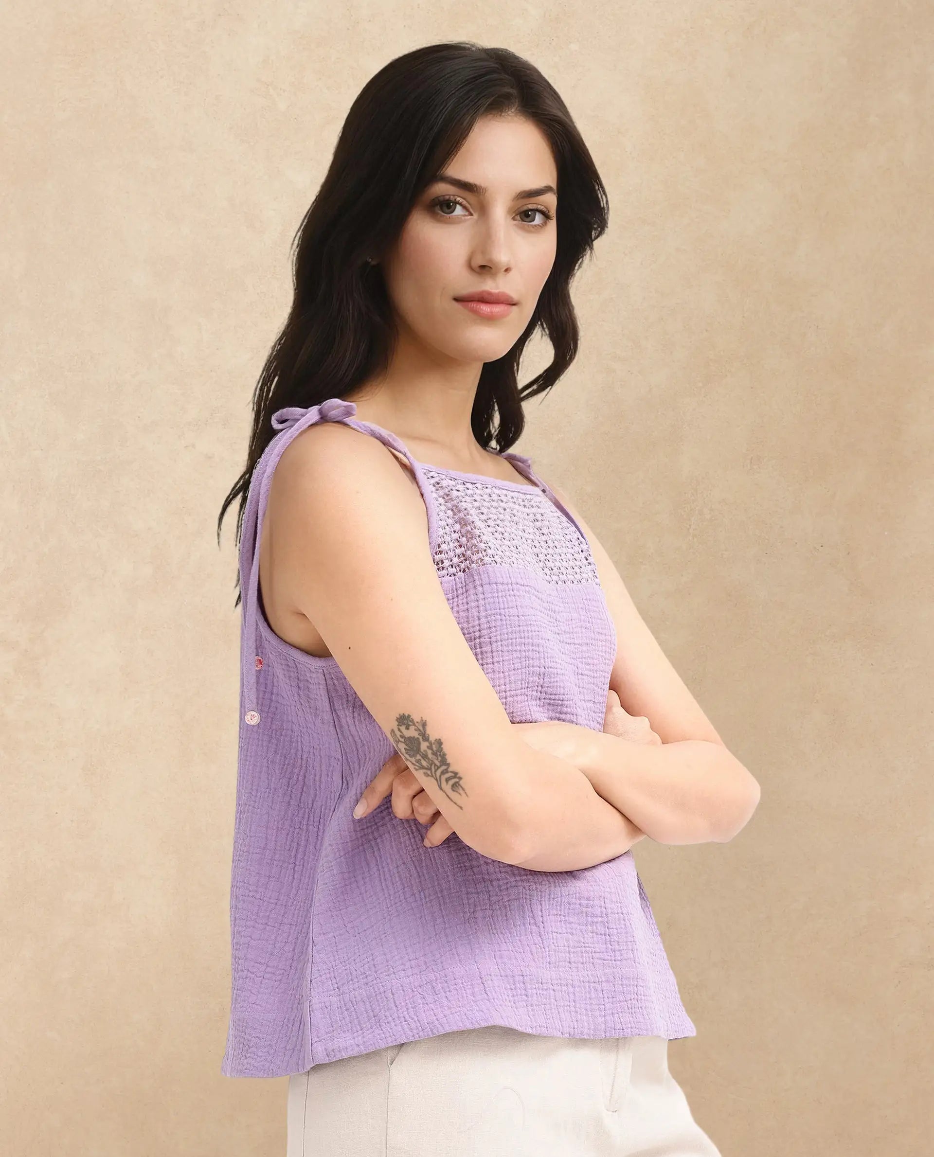 Rareism Women Jordyn-T Pastel Purple Cotton Fabric Sleeveless Shoulder Straps Tie Up Closure Plain Top