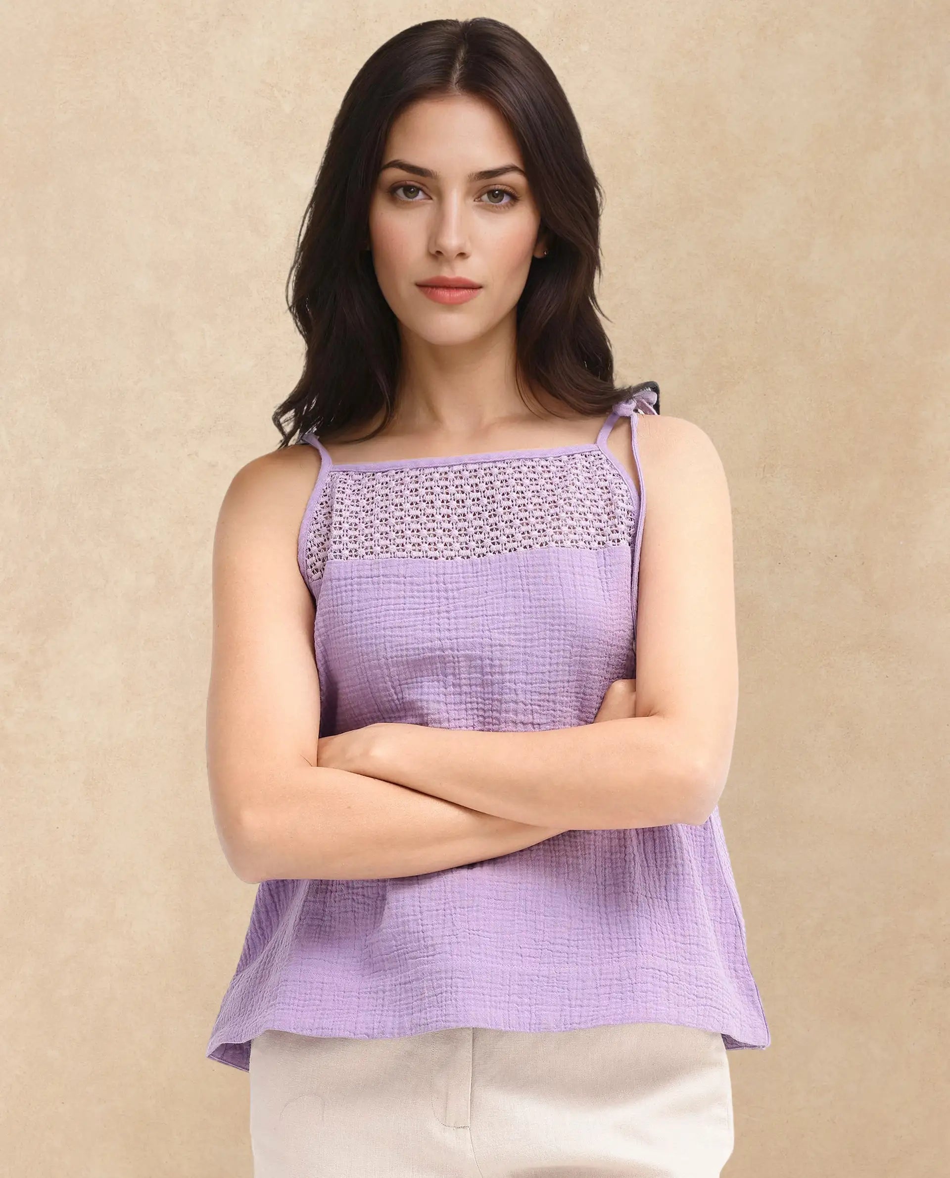 Rareism Women Jordyn-T Pastel Purple Cotton Fabric Sleeveless Shoulder Straps Tie Up Closure Plain Top