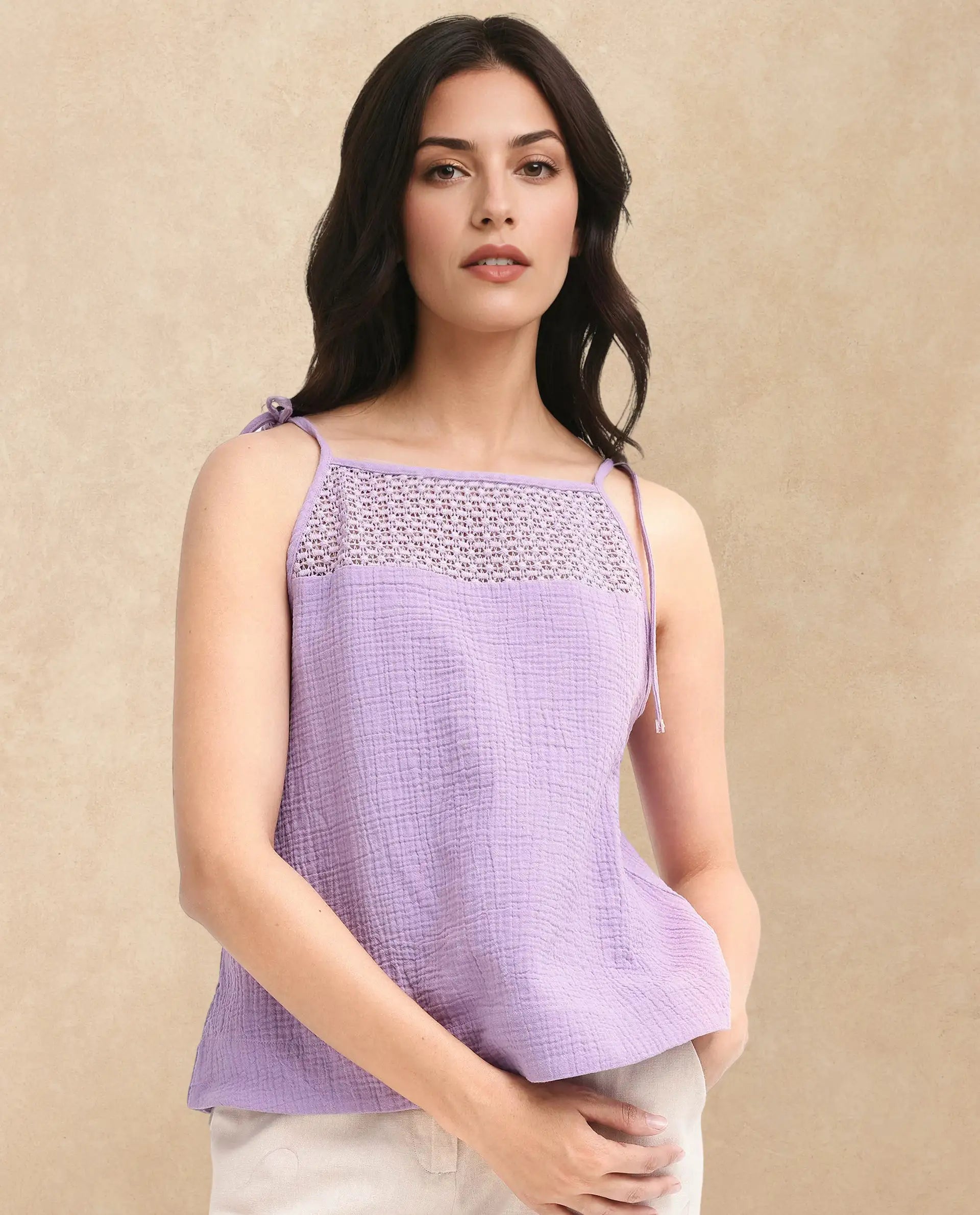 Rareism Women Jordyn-T Pastel Purple Cotton Fabric Sleeveless Shoulder Straps Tie Up Closure Plain Top