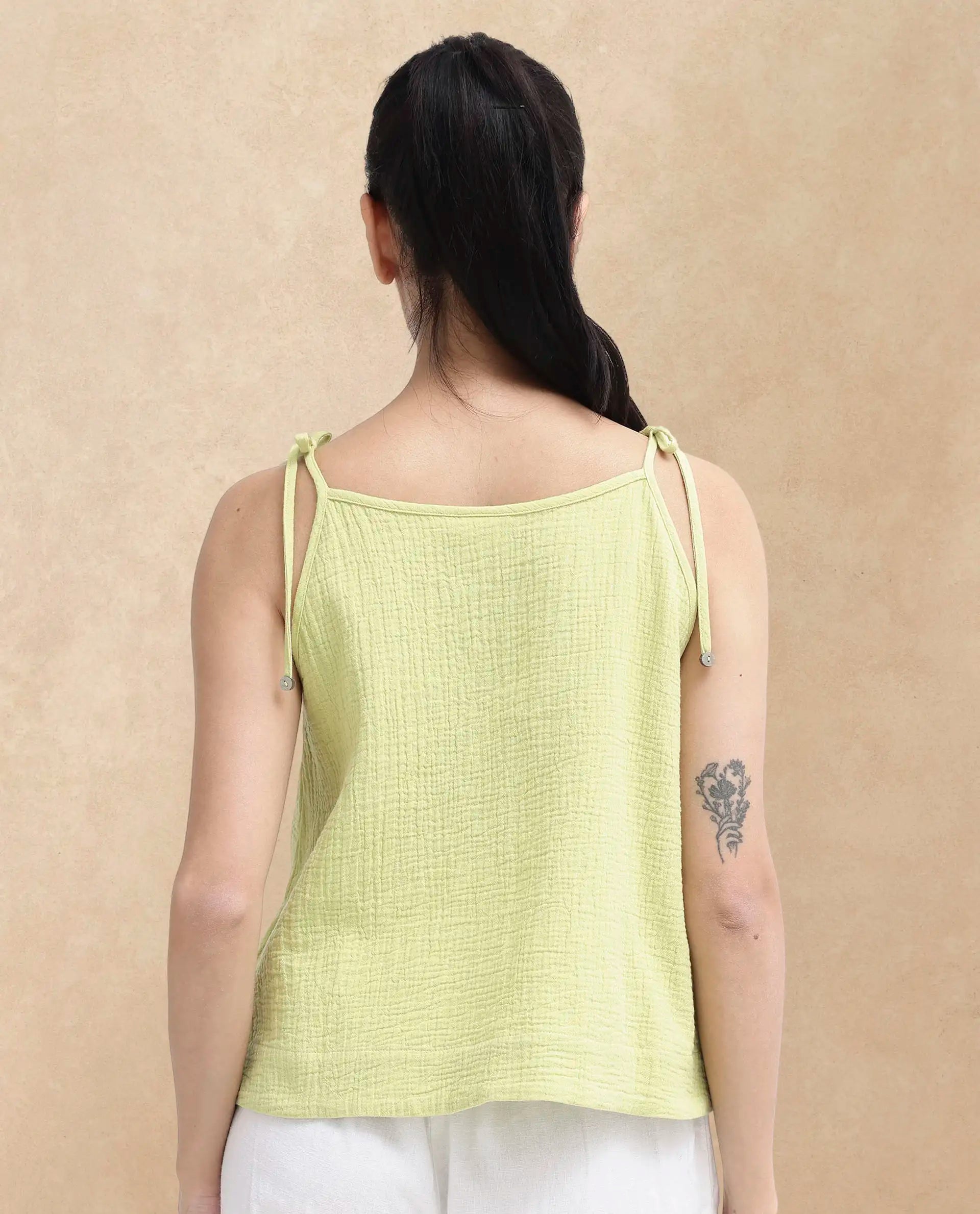Rareism Women Jordyn-T Flouroscent Green Cotton Fabric Sleeveless Shoulder Straps Tie Up Closure Plain Top