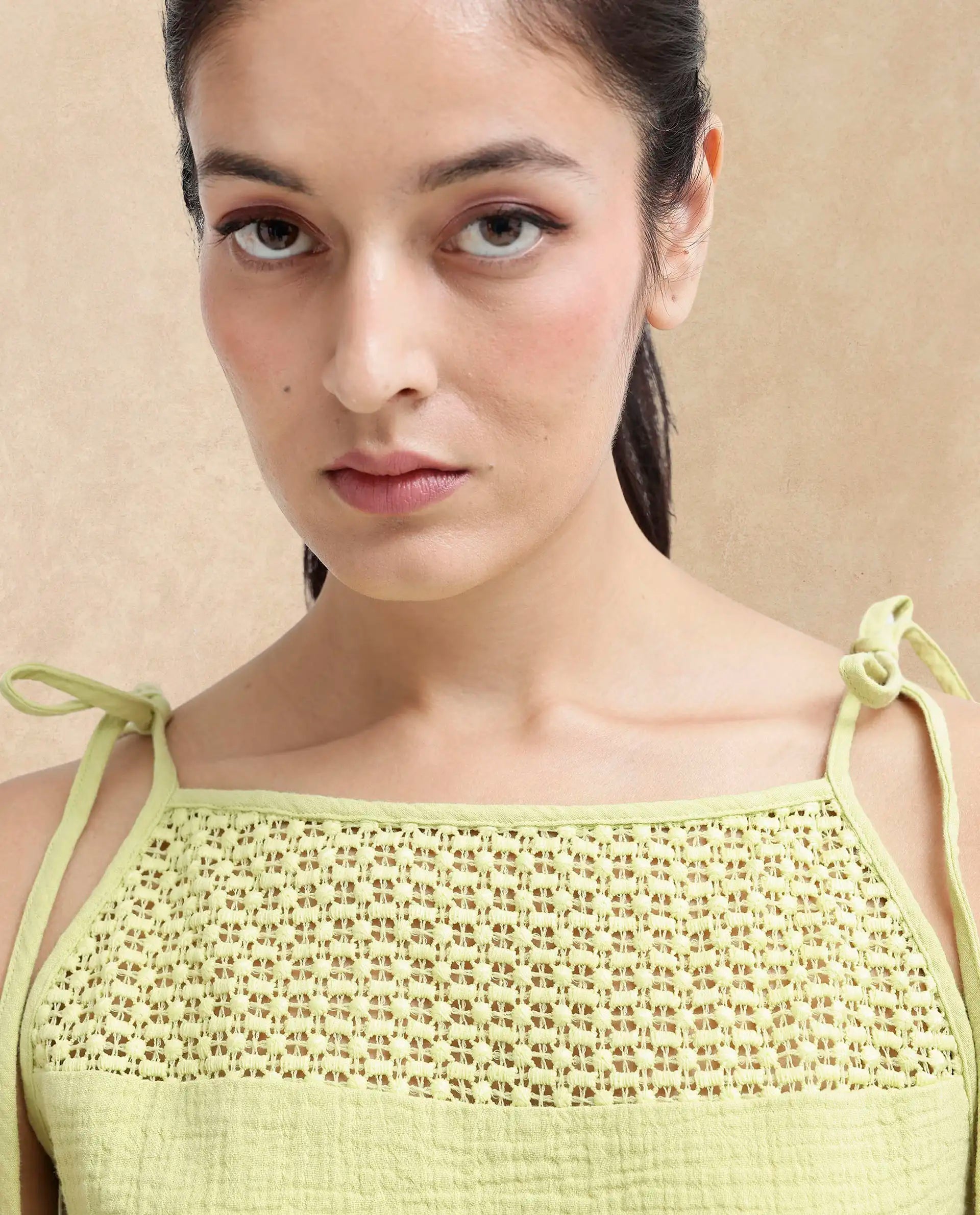 Rareism Women Jordyn-T Flouroscent Green Cotton Fabric Sleeveless Shoulder Straps Tie Up Closure Plain Top