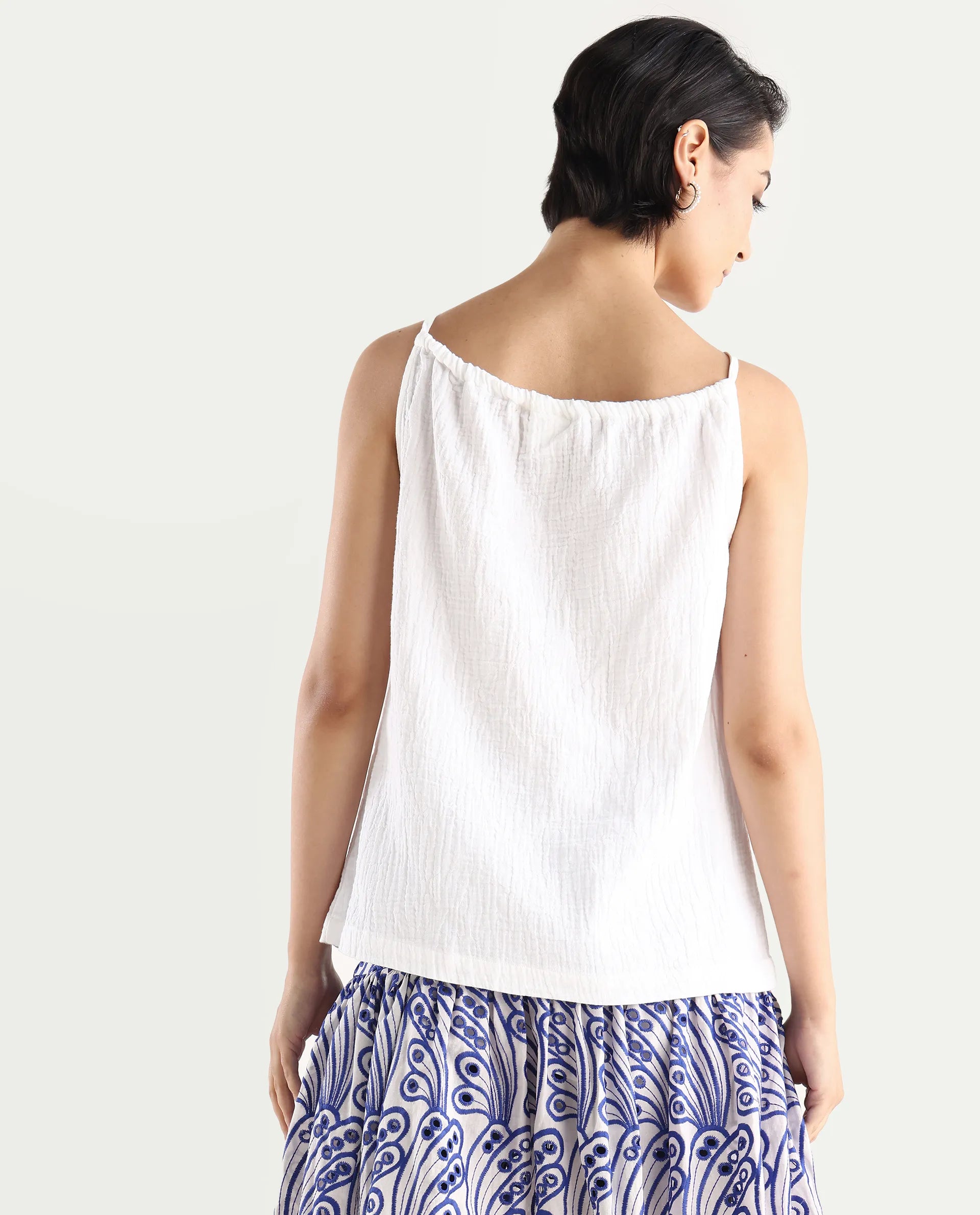 Rareism Women's Jordyn Pastel White Cotton Halter Neck Plain Shoulder Strap Regular Fit Top