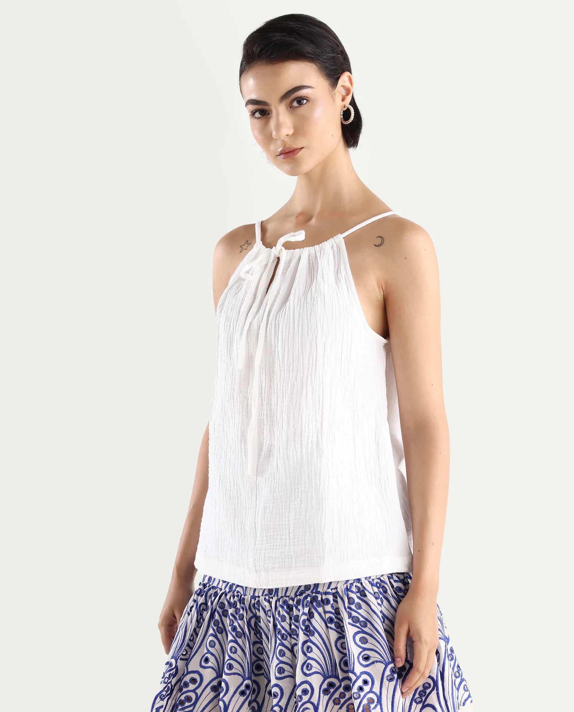 Rareism Women's Jordyn Pastel White Cotton Halter Neck Plain Shoulder Strap Regular Fit Top