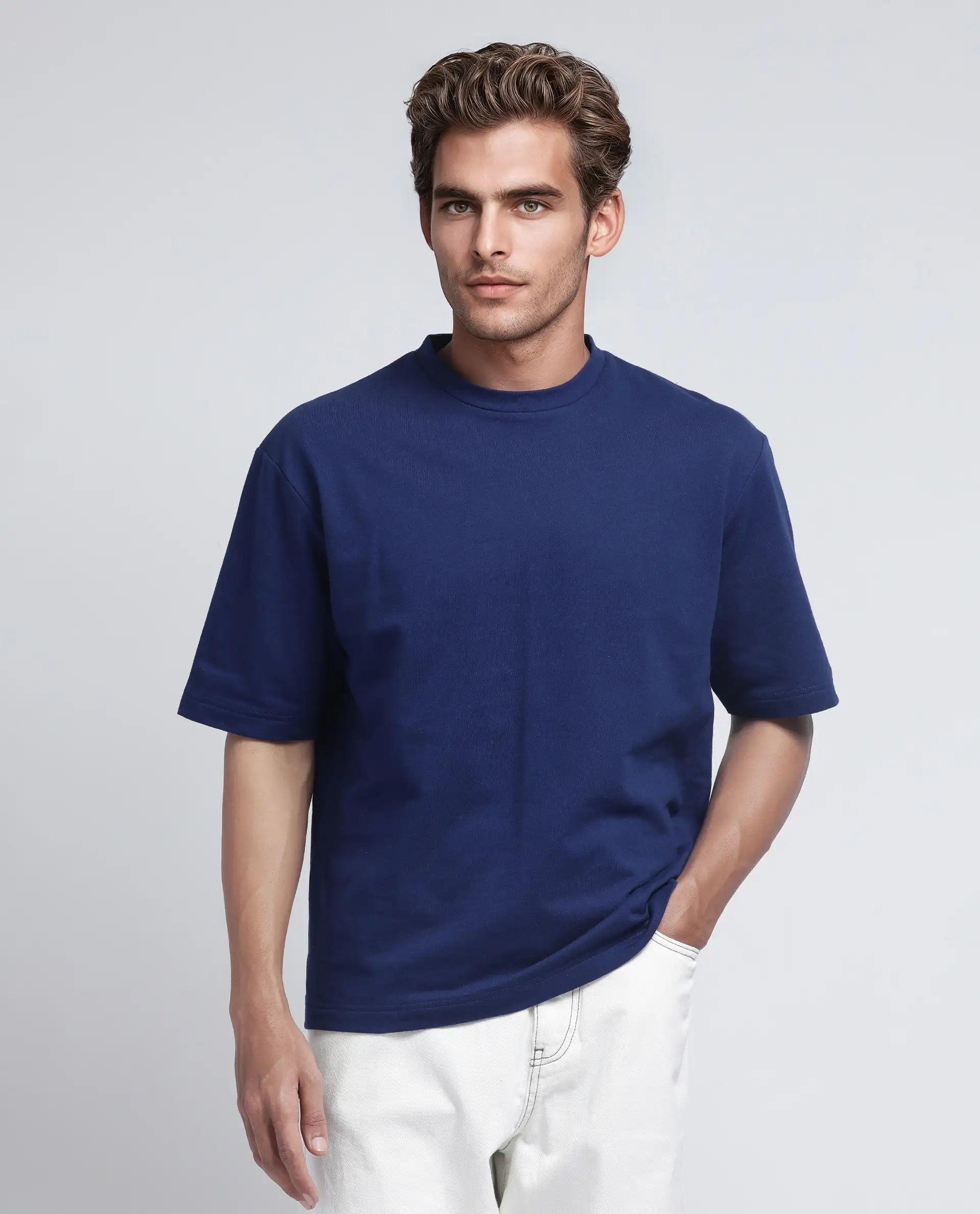 Rare Rabbit Men's Jot Blue Cotton Fabric Sleeveless Crew Neck Boxy Fit Printed T-Shirt