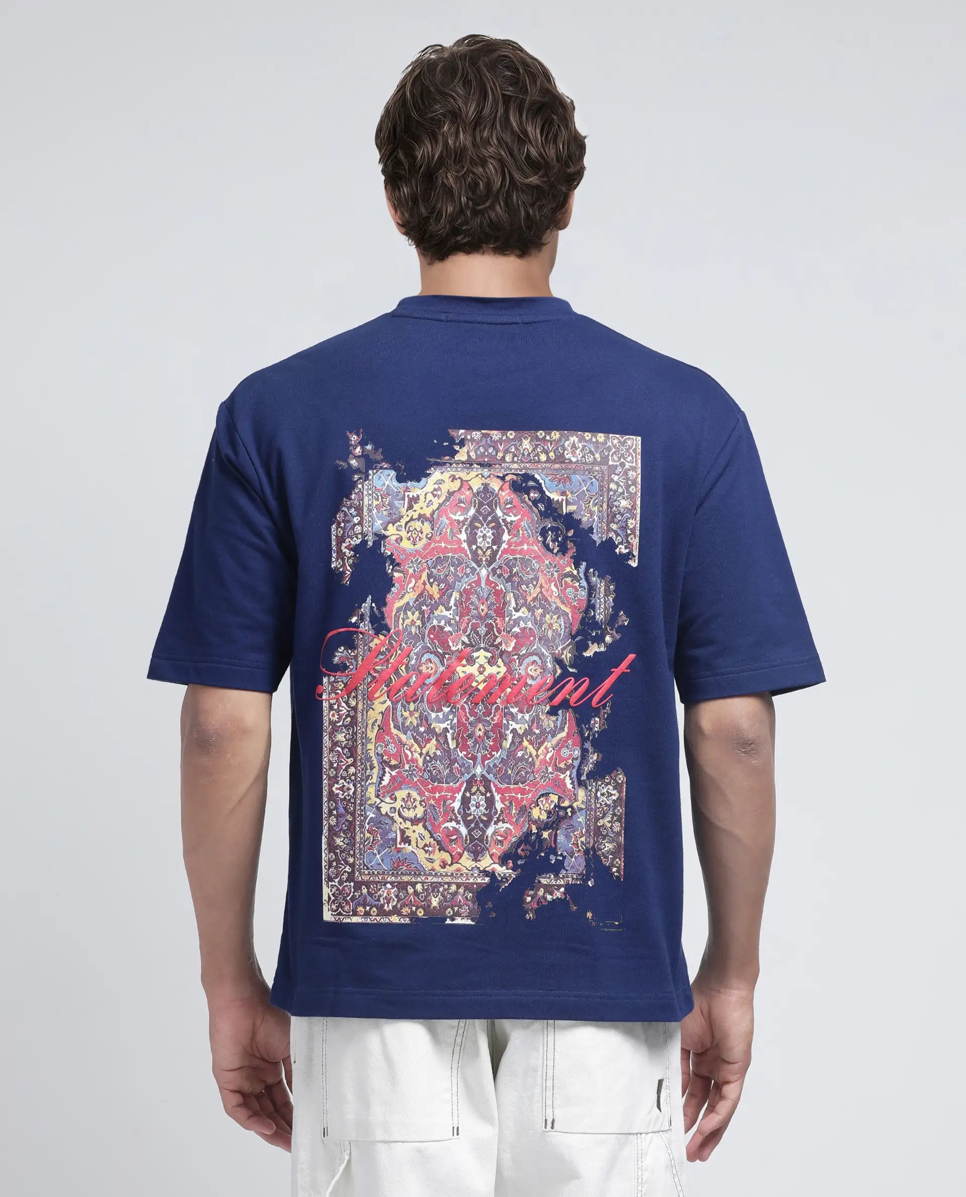 Rare Rabbit Men's Jot Blue Cotton Fabric Sleeveless Crew Neck Boxy Fit Printed T-Shirt