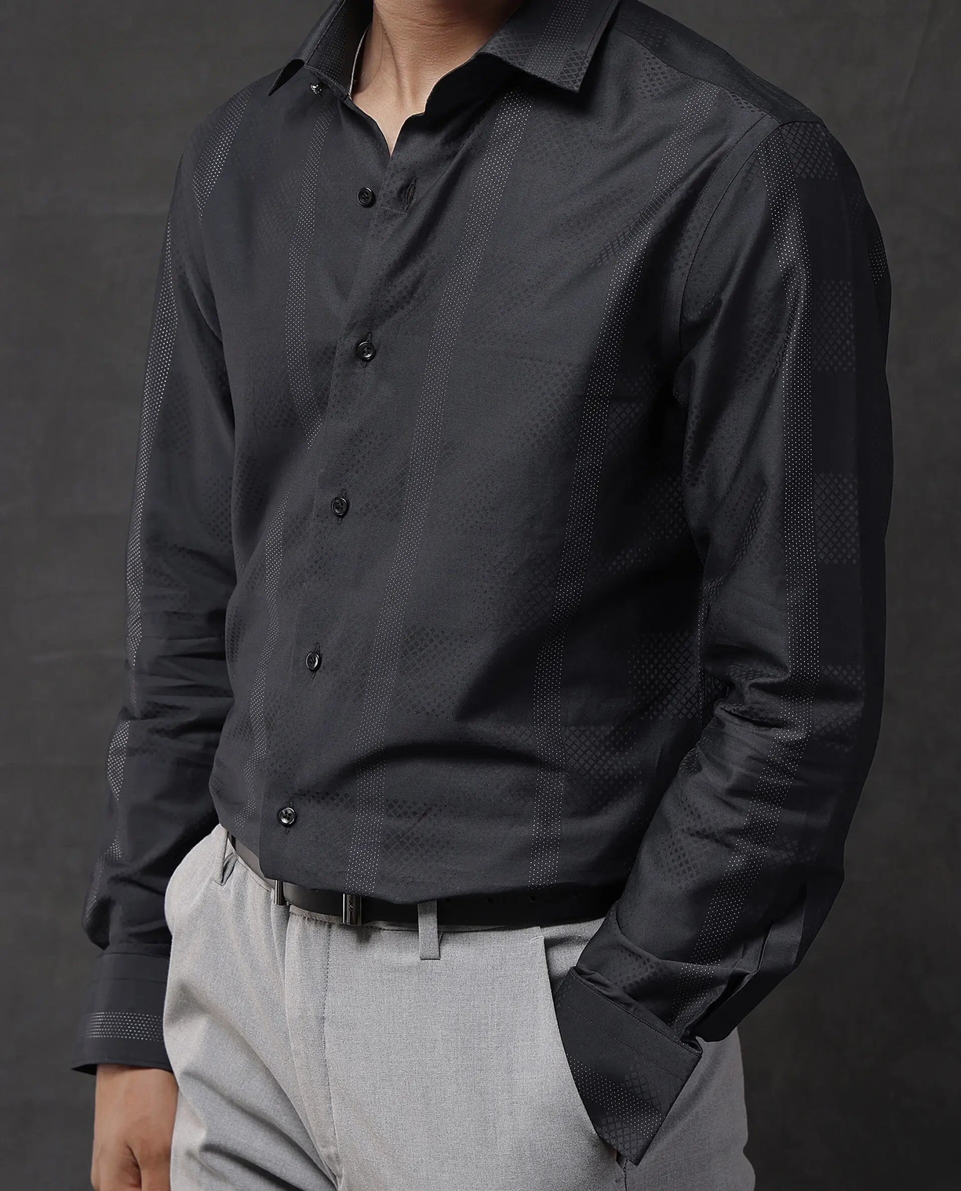 Rare Rabbit Men Juan Black Cotton Full Sleeve Regular Fit Lurex Stripe Shirt