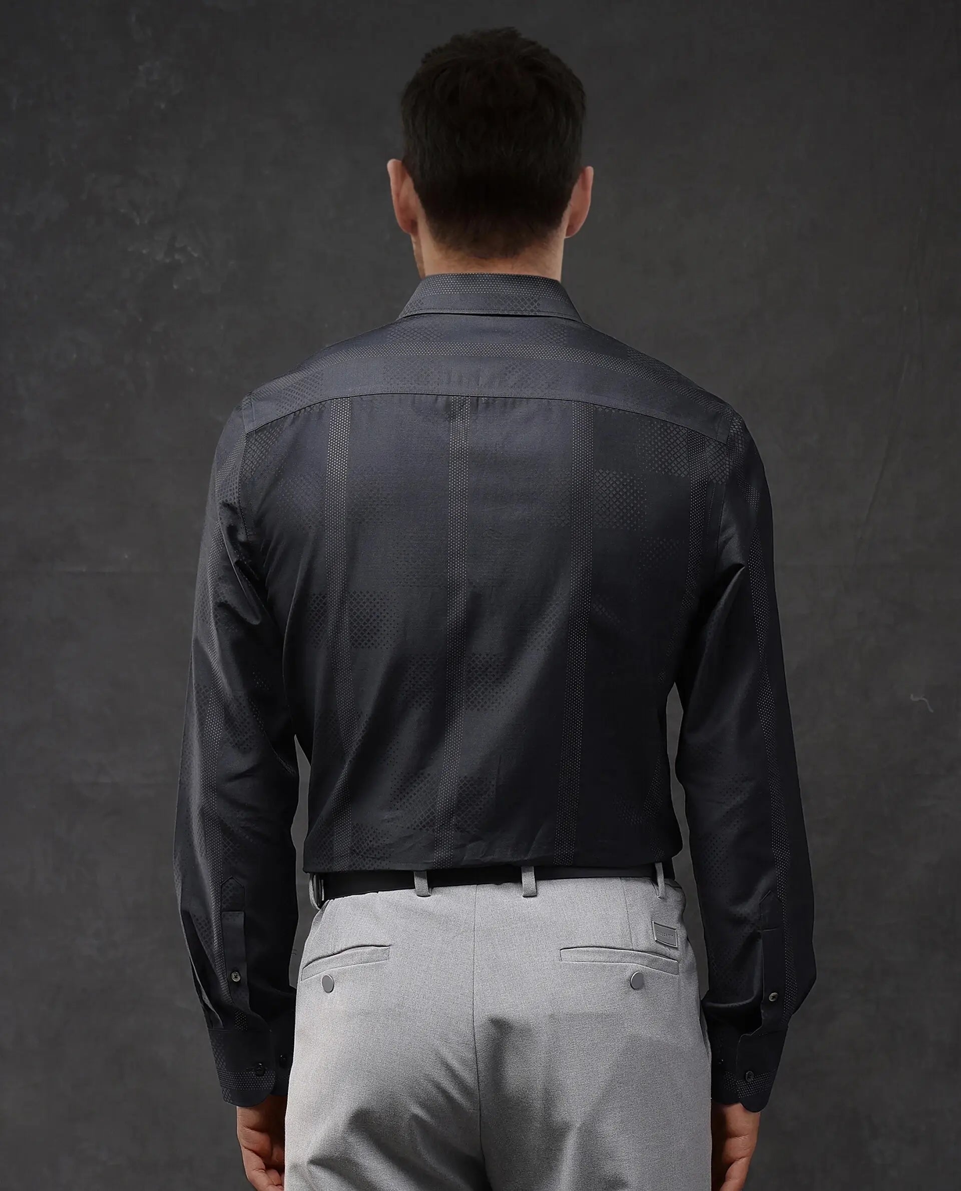 Rare Rabbit Men Juan Black Cotton Full Sleeve Regular Fit Lurex Stripe Shirt