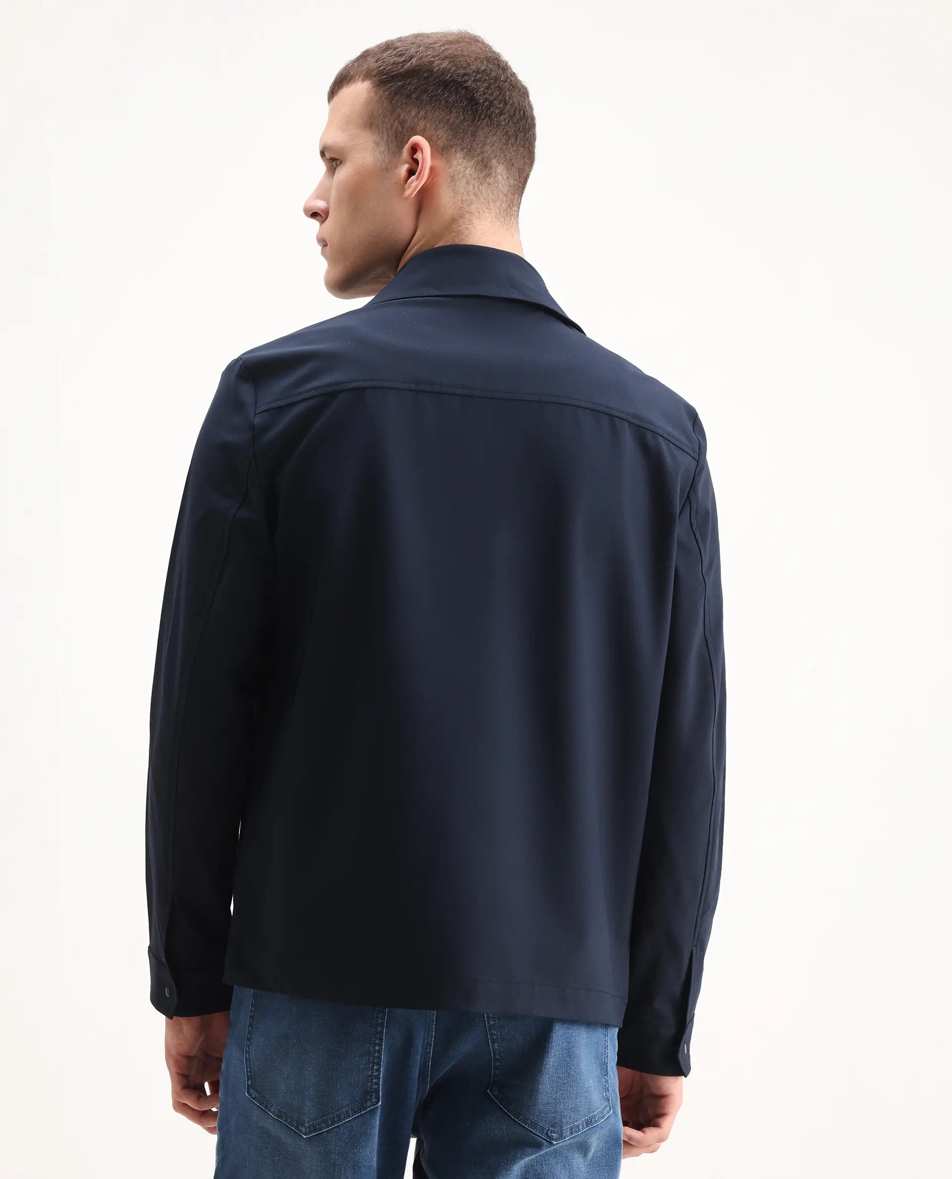 Rare Rabbit Men's Juan-25 Dark Navy Polyester Blend Plain Regular Fit Full Sleeve Collared Jacket