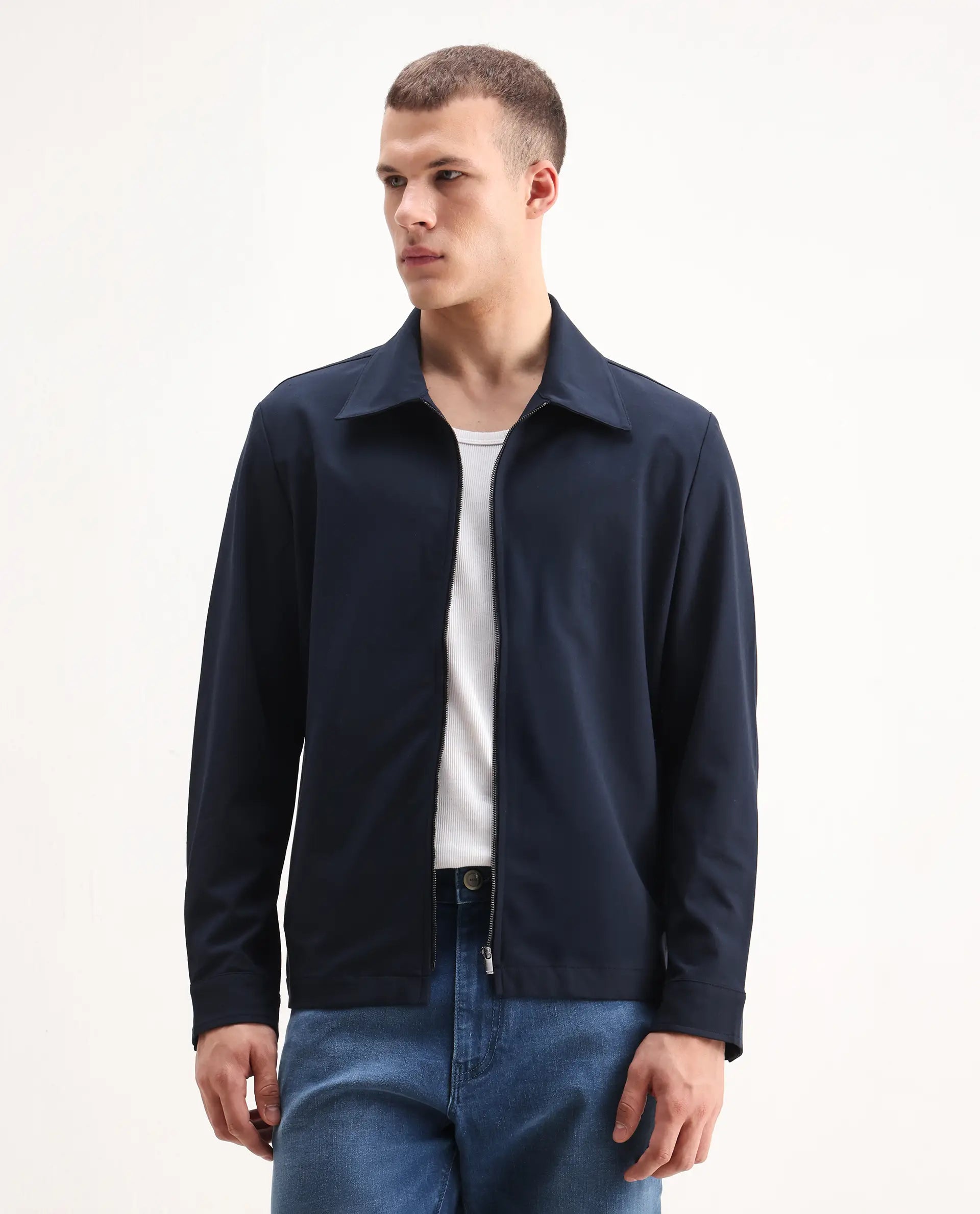 Rare Rabbit Men's Juan-25 Dark Navy Polyester Blend Plain Regular Fit Full Sleeve Collared Jacket