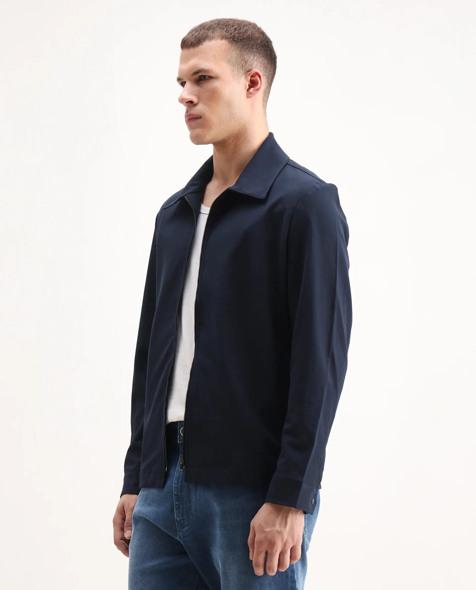 Rare Rabbit Men's Juan-25 Dark Navy Polyester Blend Plain Regular Fit Full Sleeve Collared Jacket