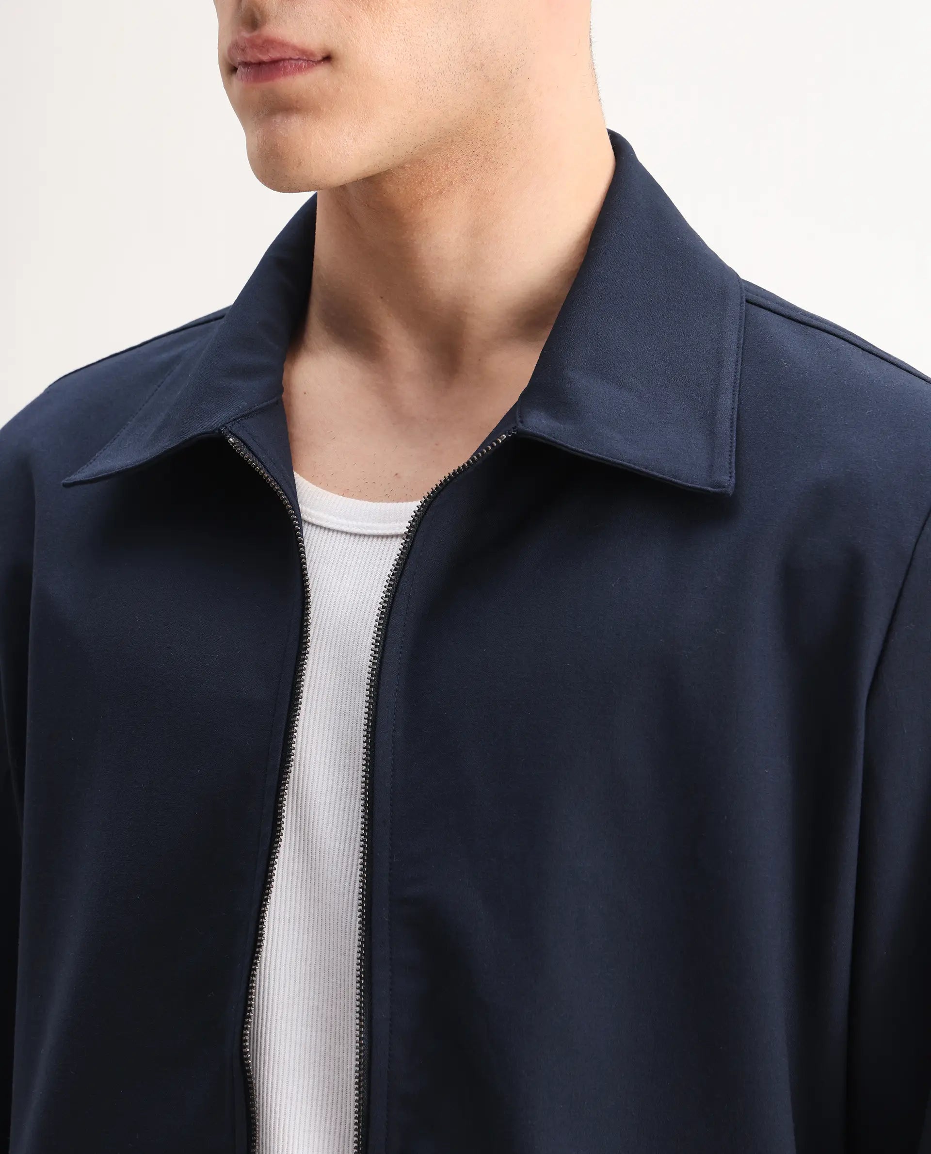 Rare Rabbit Men's Juan-25 Dark Navy Polyester Blend Plain Regular Fit Full Sleeve Collared Jacket