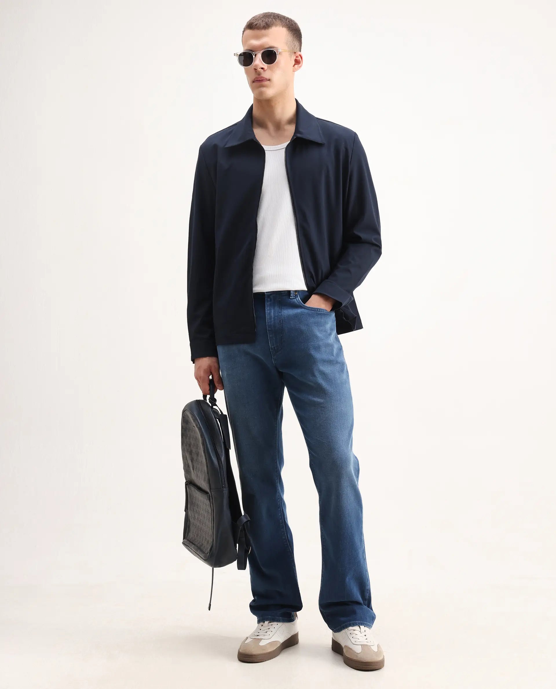 Rare Rabbit Men's Juan-25 Dark Navy Polyester Blend Plain Regular Fit Full Sleeve Collared Jacket