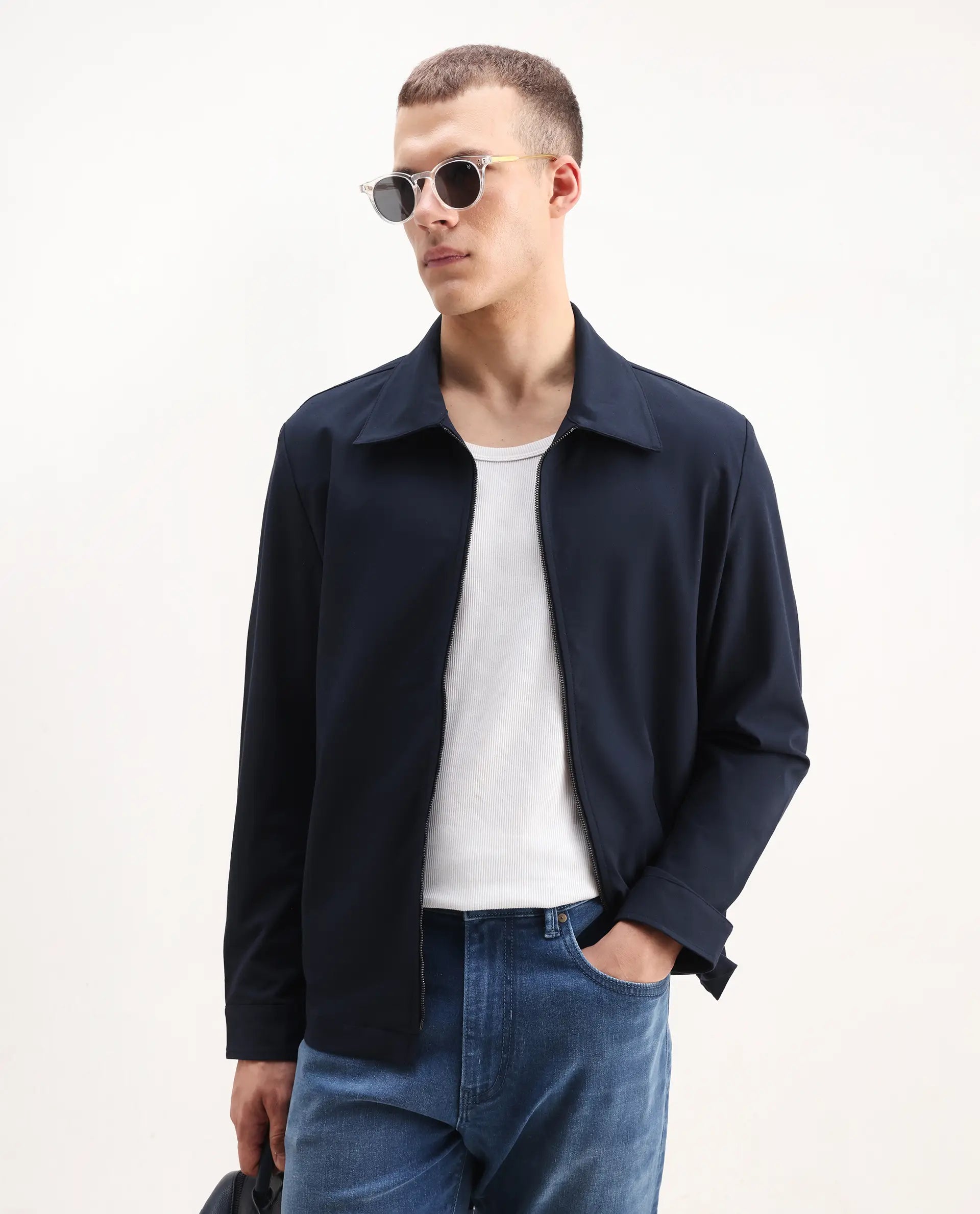Rare Rabbit Men's Juan-25 Dark Navy Polyester Blend Plain Regular Fit Full Sleeve Collared Jacket