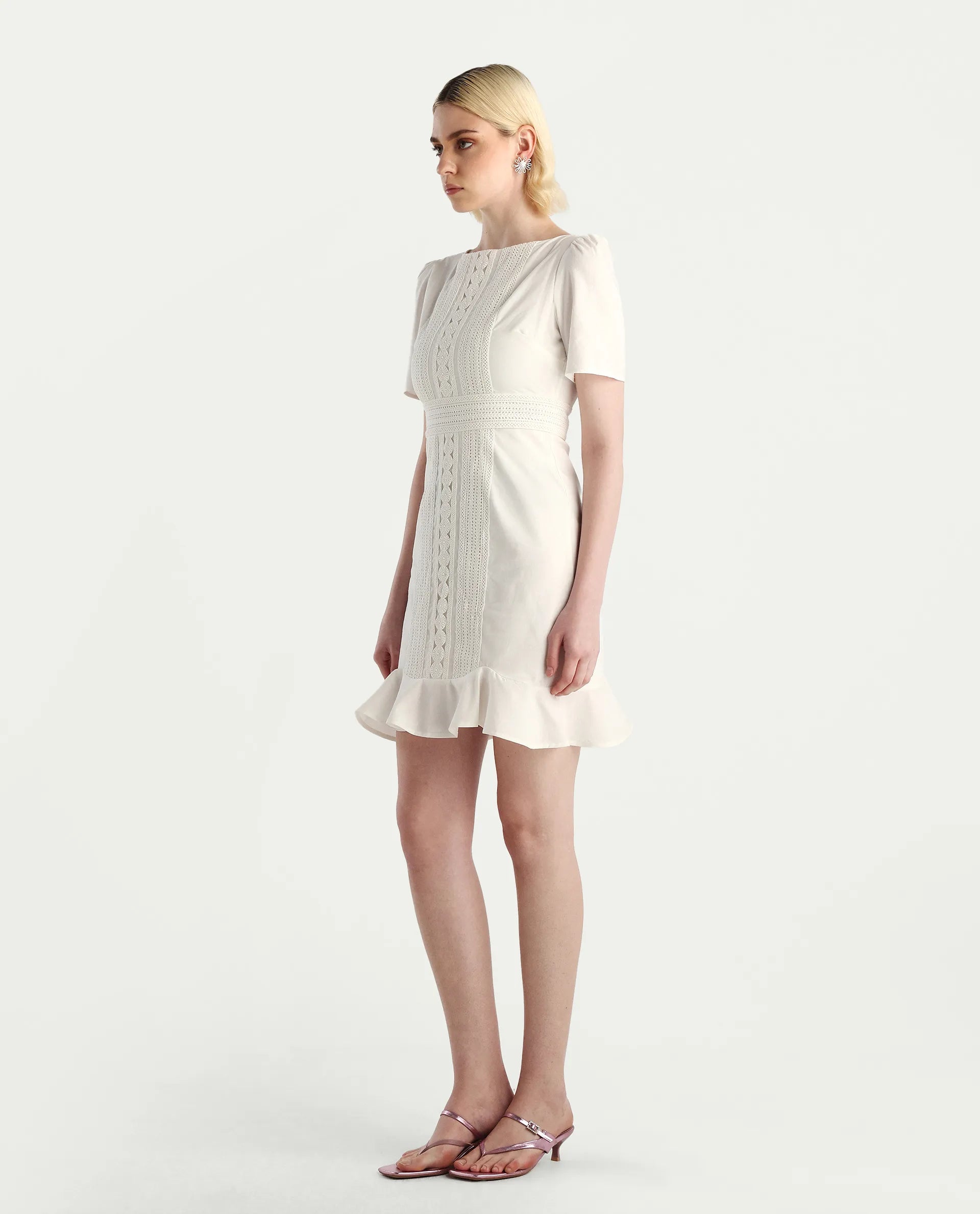 Rareism Women's Jubag Off White Cotton Blend Round Neck Fitted Plain Dress