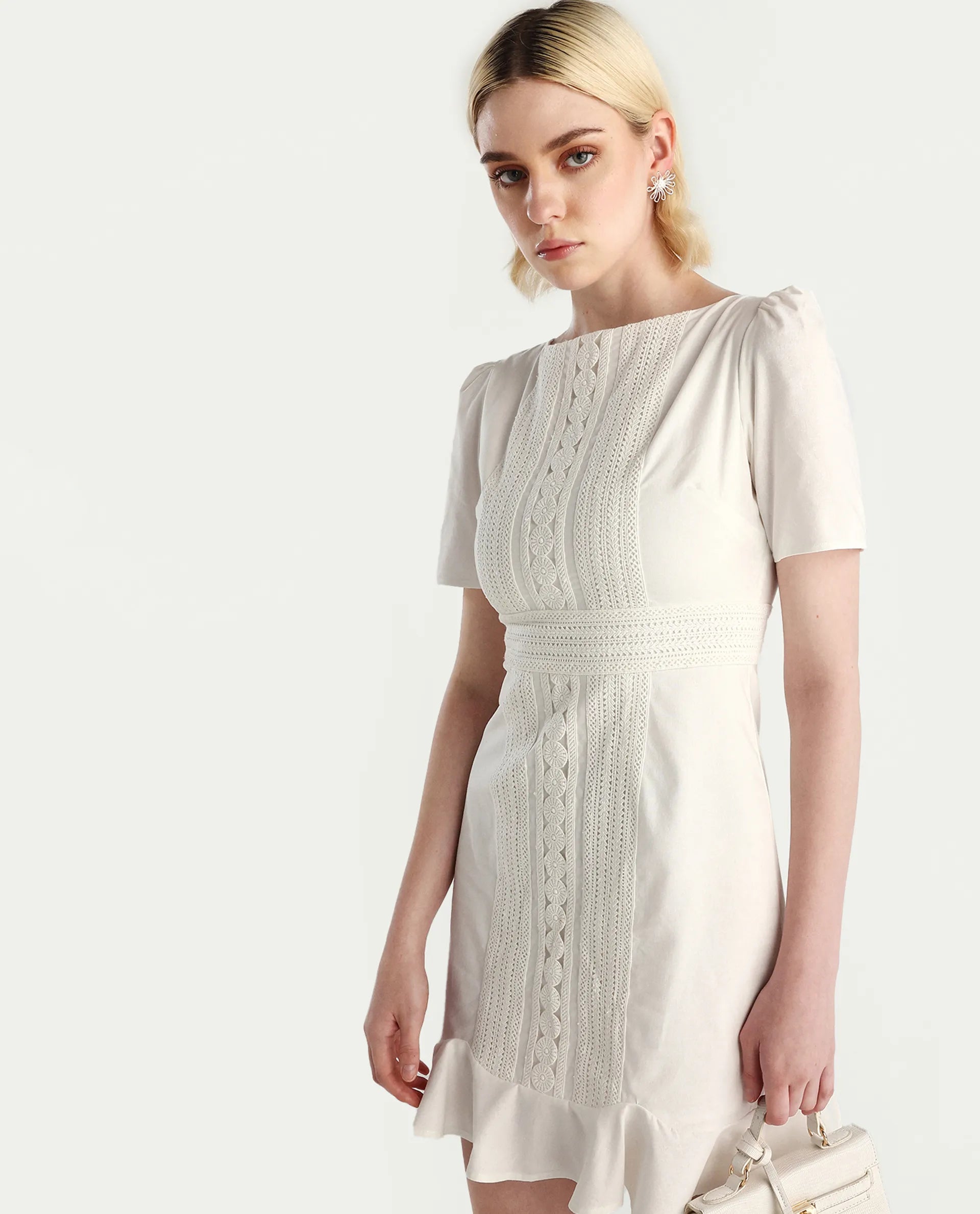 Rareism Women's Jubag Off White Cotton Blend Round Neck Fitted Plain Dress