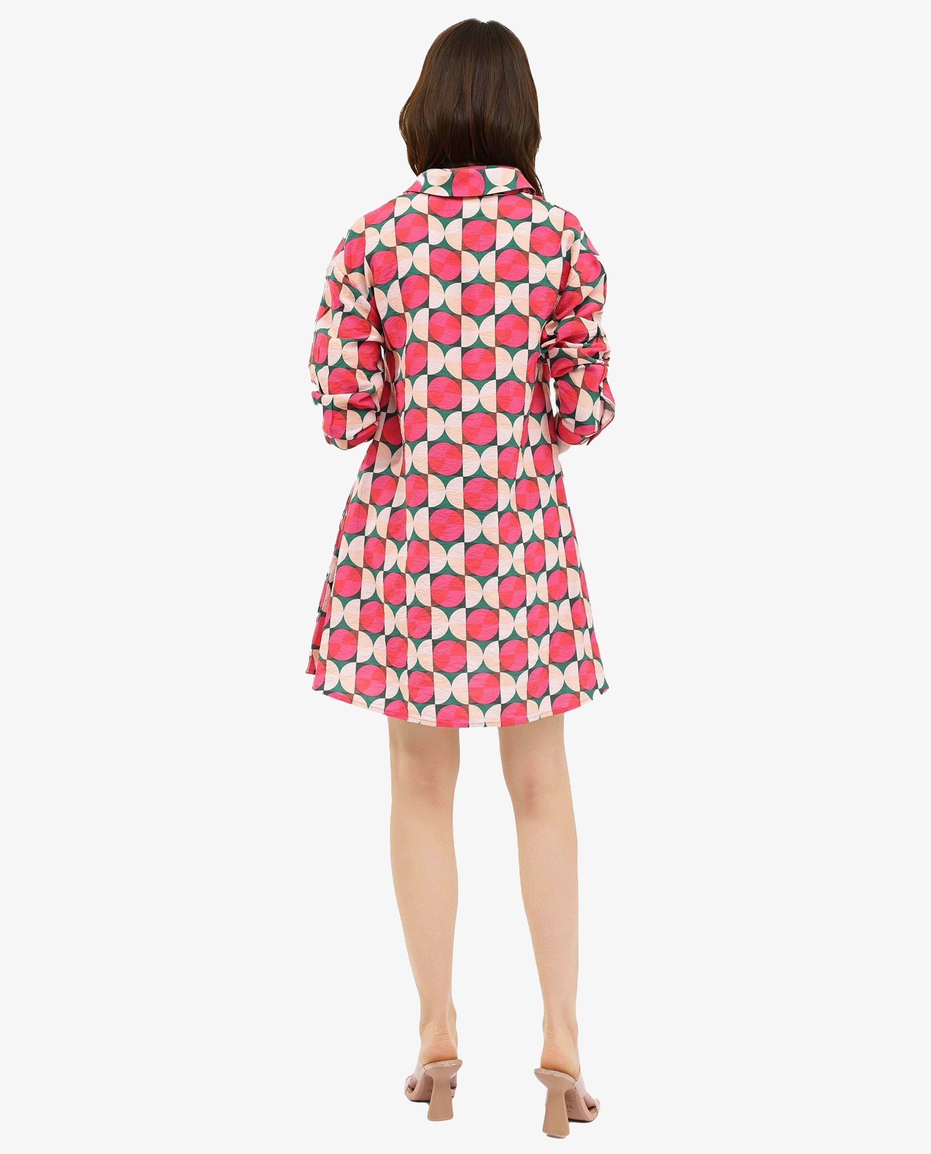 Rareism Women's Judeth Multi  Drop Collar Button Closure Cuffed Sleeve Geometric Print A-Line Mini Dress