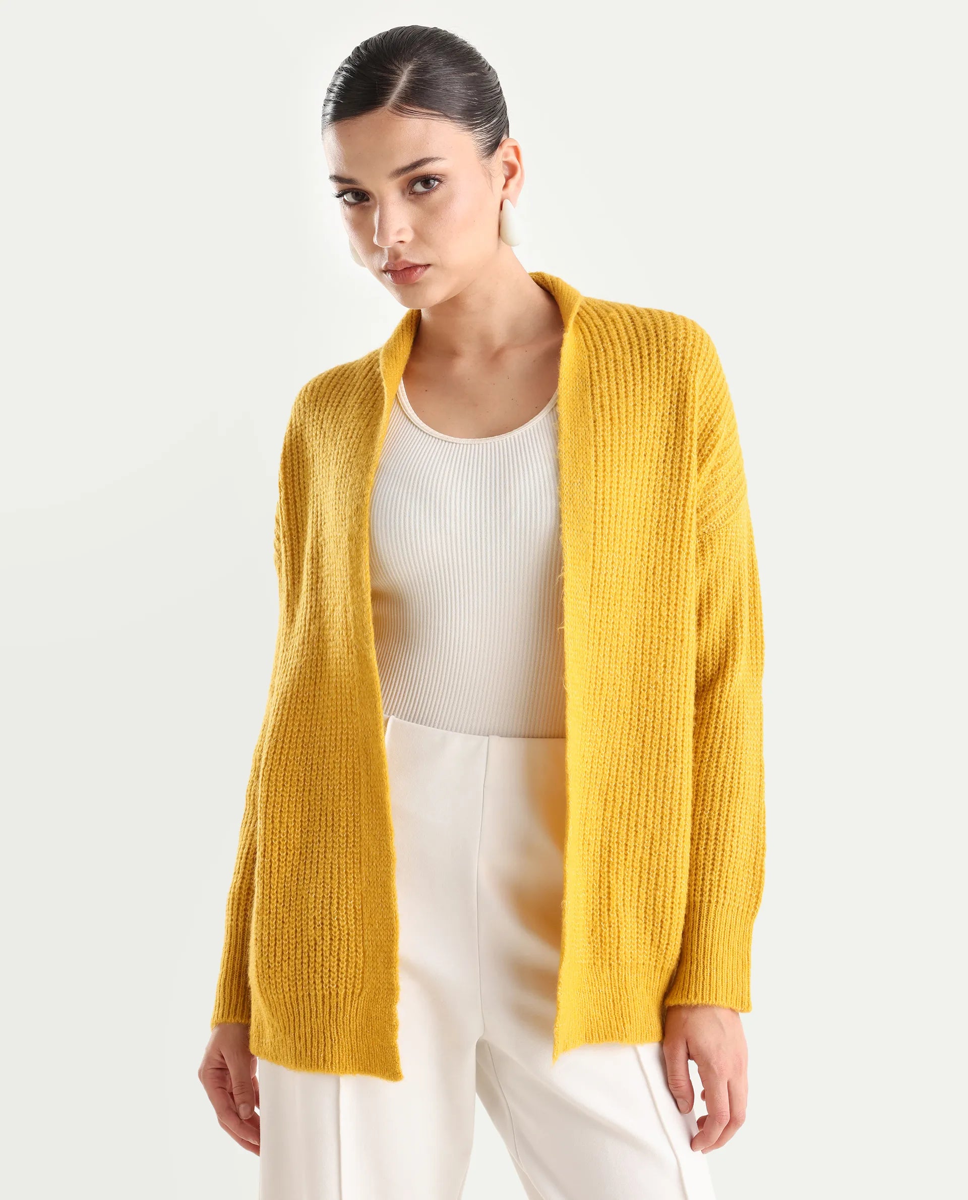 Rareism Women's Jug Yellow Acrylic Collarless Plain Mini Relaxed Fit Shrug