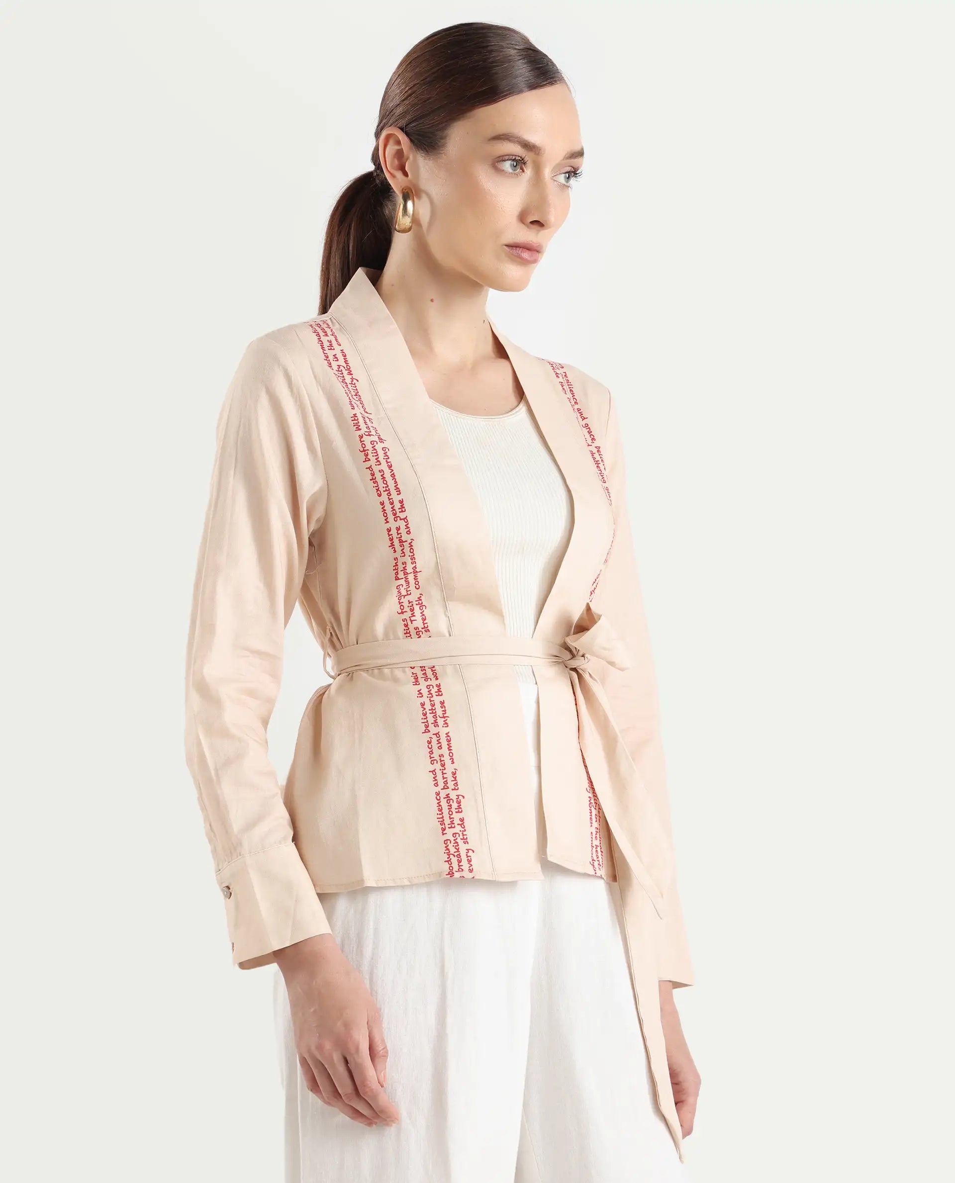 Rareism Women's Juinb Beige Cotton Shawl Collar Typography Print Cuffed Sleeve Regular Fit Top