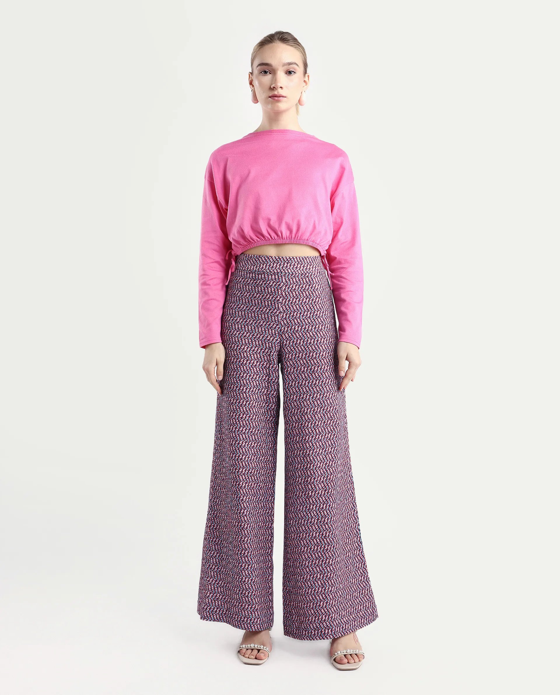 Rareism Women's Juin Dark Multi Cotton Blend Geometric Print Ankle Length Wide Leg Trouser