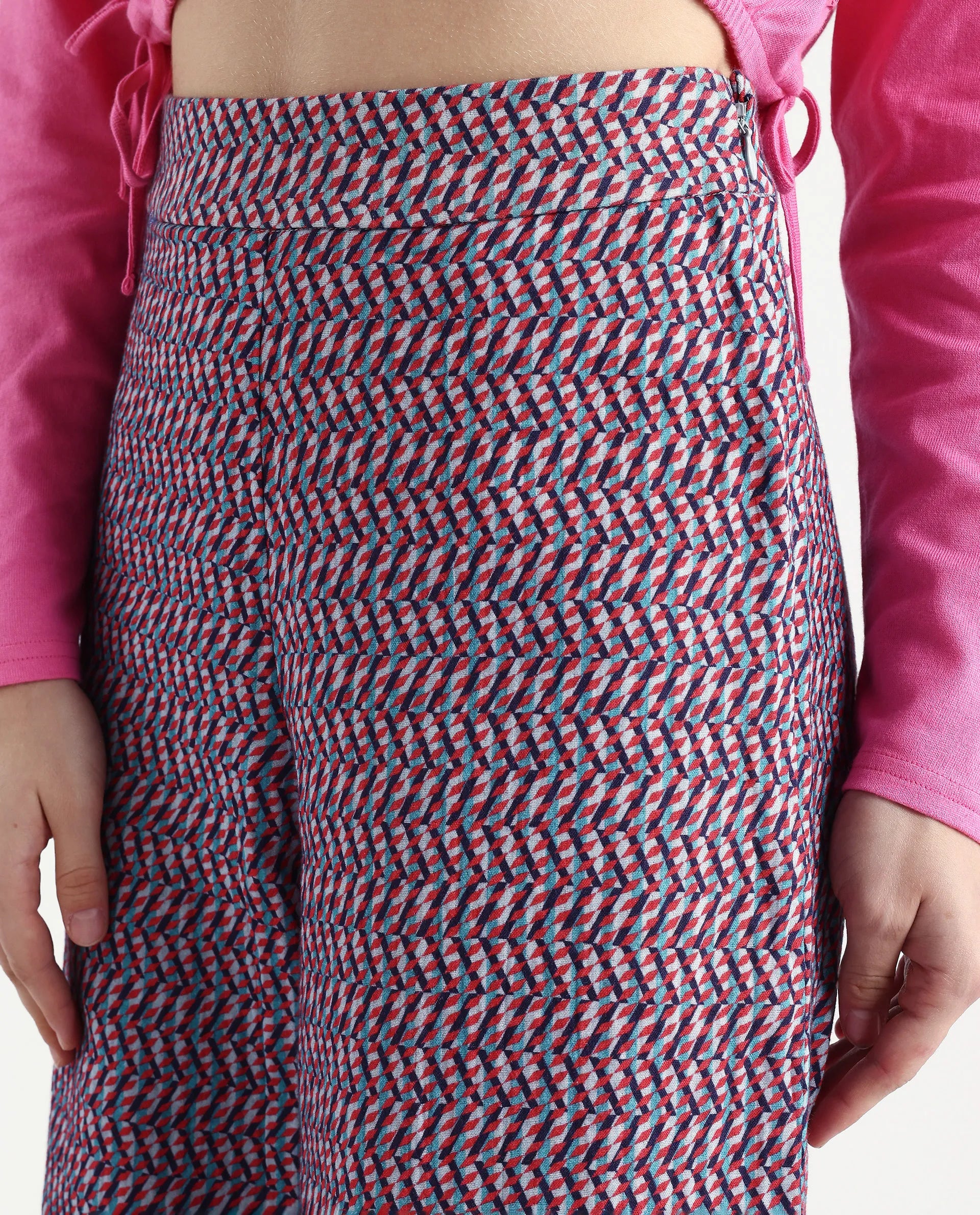 Rareism Women's Juin Dark Multi Cotton Blend Geometric Print Ankle Length Wide Leg Trouser