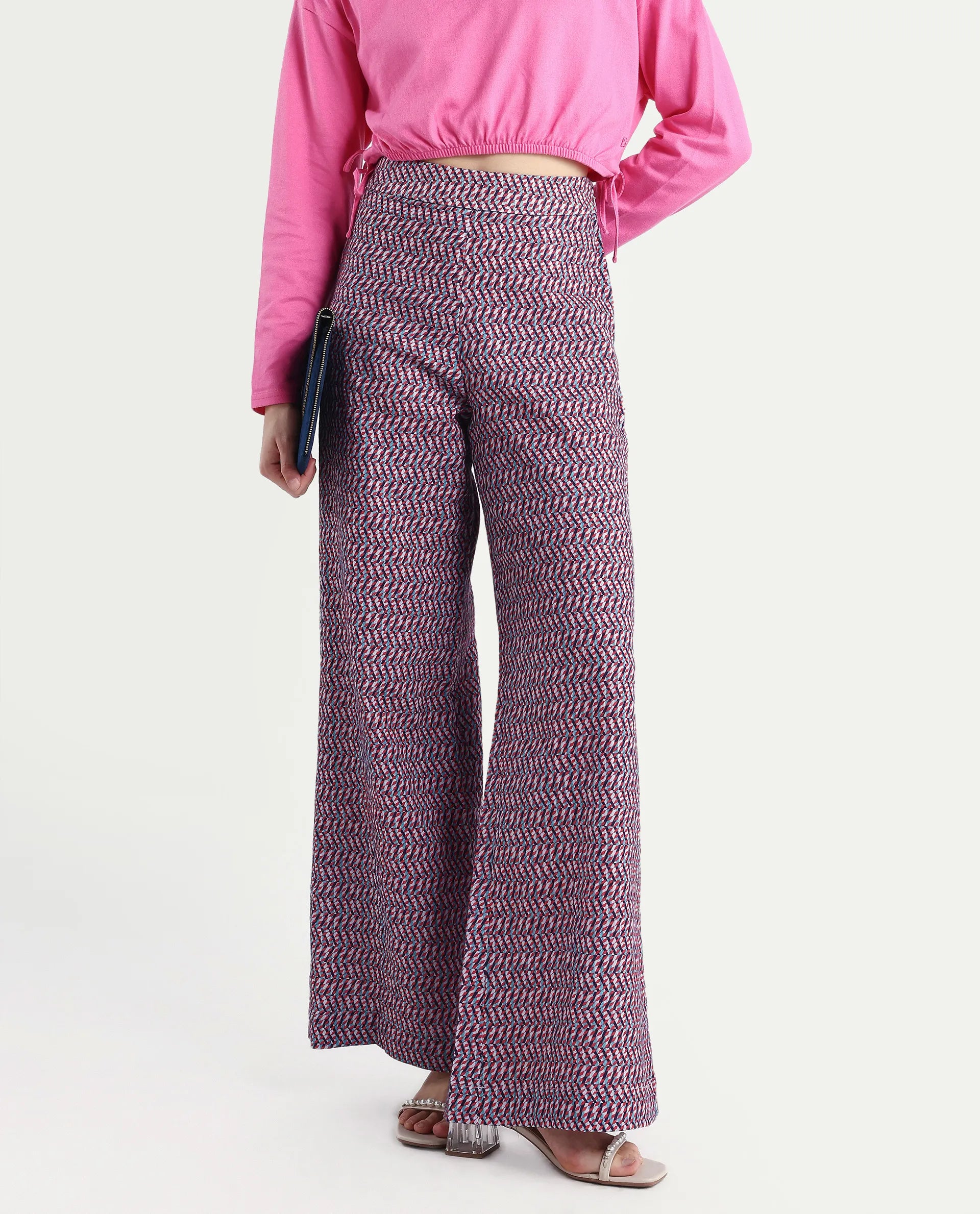 Rareism Women's Juin Dark Multi Cotton Blend Geometric Print Ankle Length Wide Leg Trouser