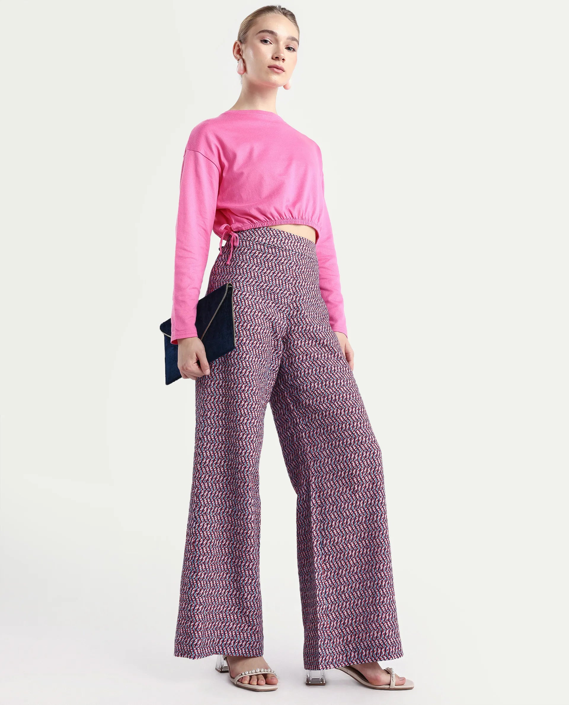 Rareism Women's Juin Dark Multi Cotton Blend Geometric Print Ankle Length Wide Leg Trouser