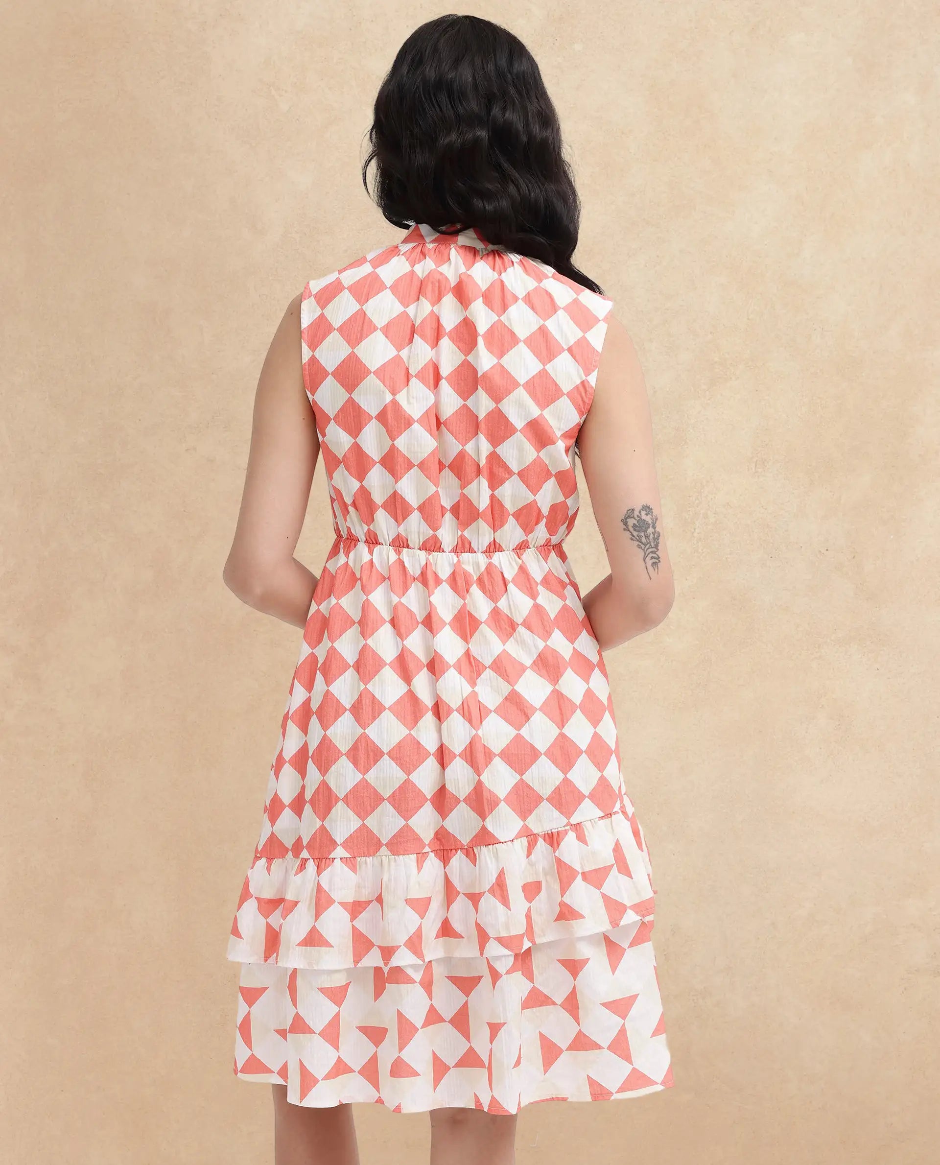 Rareism Women Juite Multi Sleeveless Tie Up Neck Tie Up Fit And Flare Geometric Print Knee Length Dress