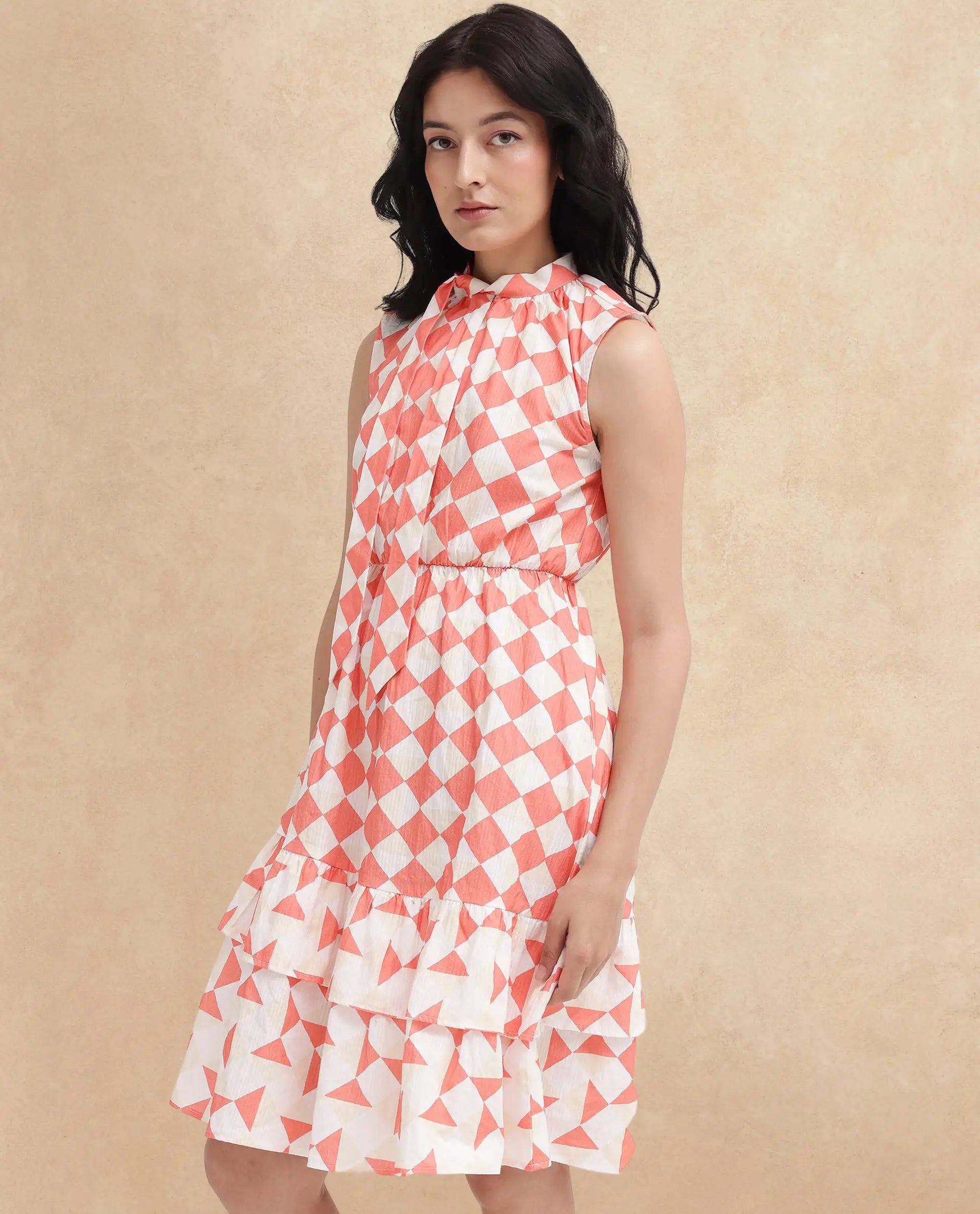 Rareism Women Juite Multi Sleeveless Tie Up Neck Tie Up Fit And Flare Geometric Print Knee Length Dress