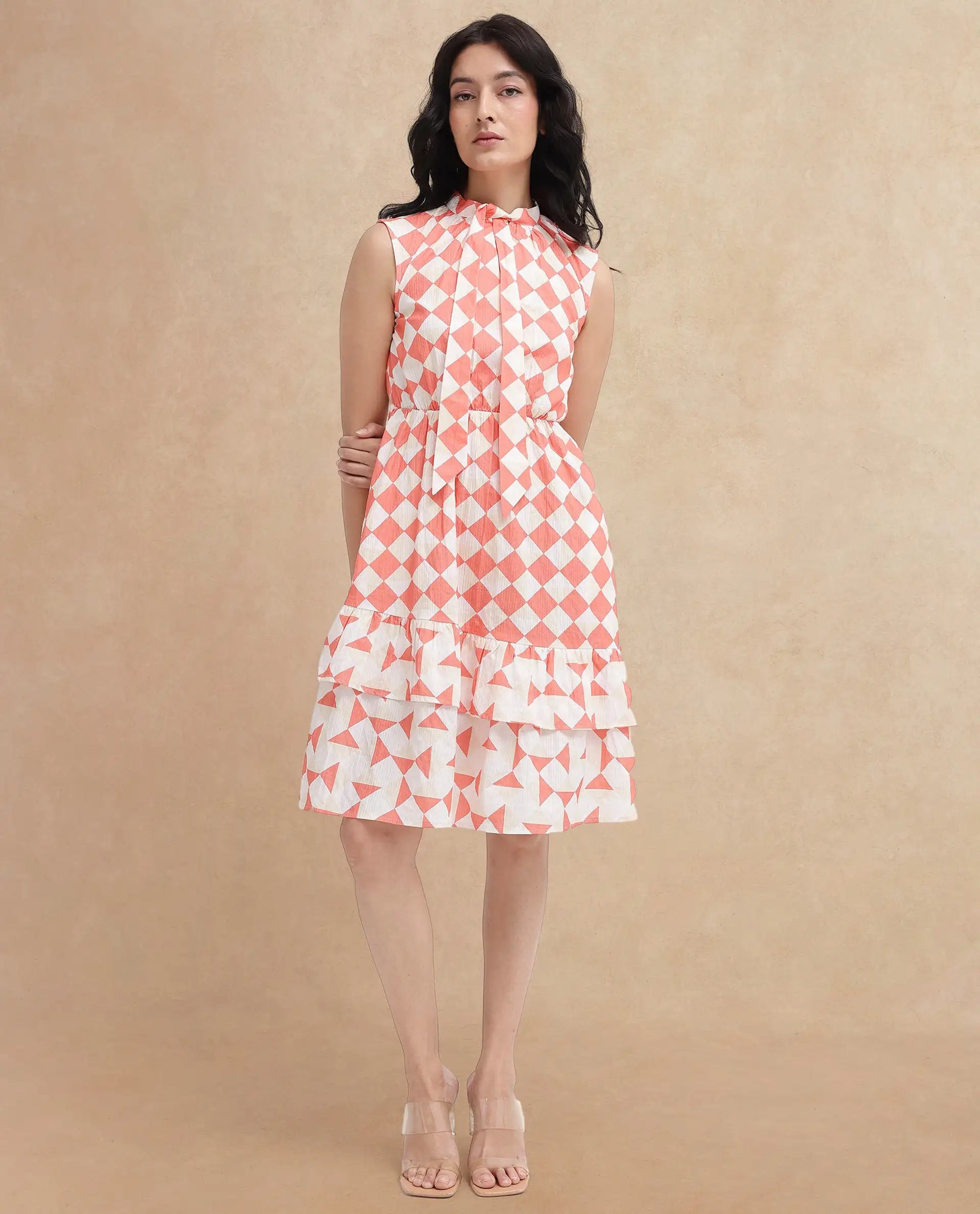 Rareism Women Juite Multi Sleeveless Tie Up Neck Tie Up Fit And Flare Geometric Print Knee Length Dress