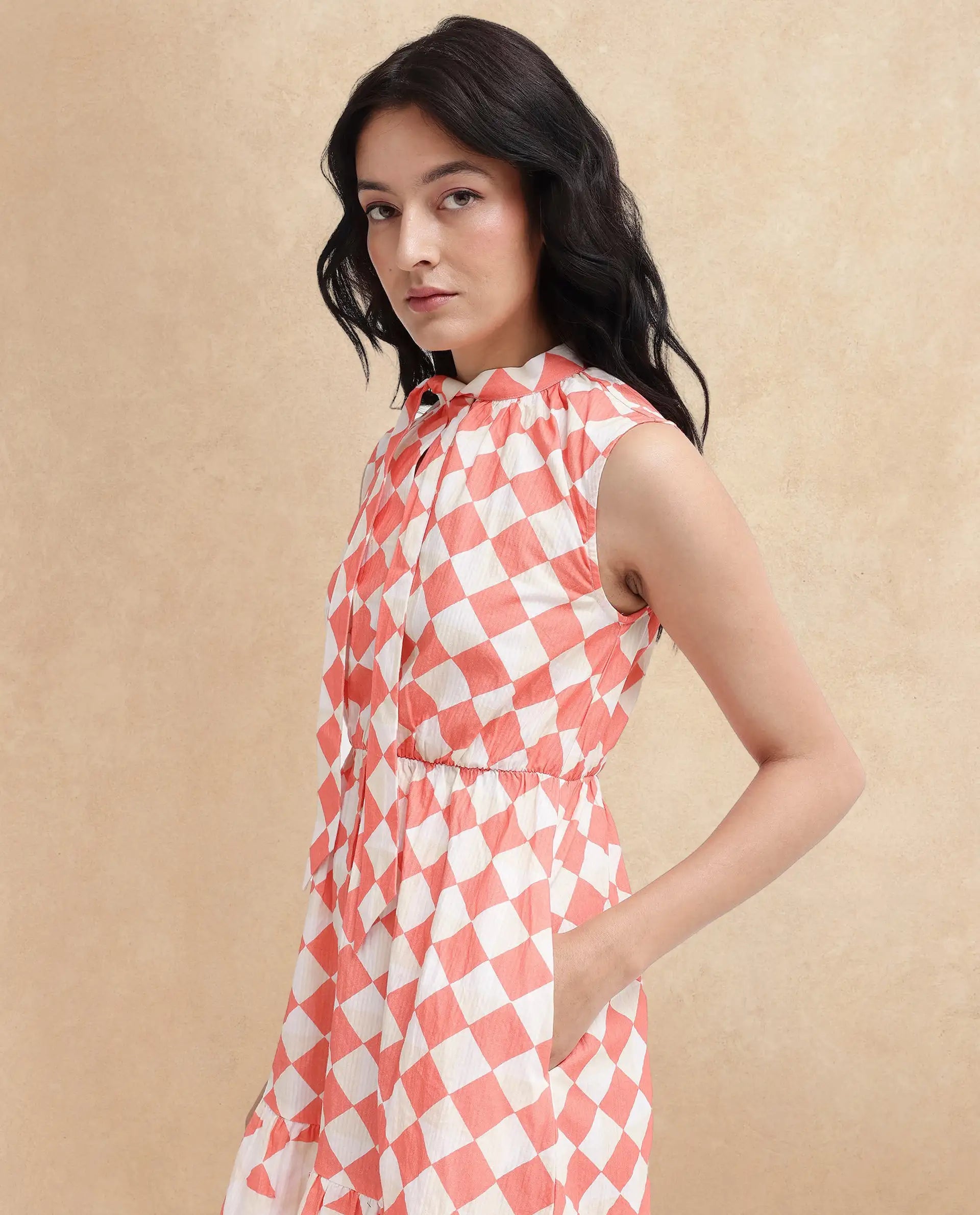 Rareism Women Juite Multi Sleeveless Tie Up Neck Tie Up Fit And Flare Geometric Print Knee Length Dress