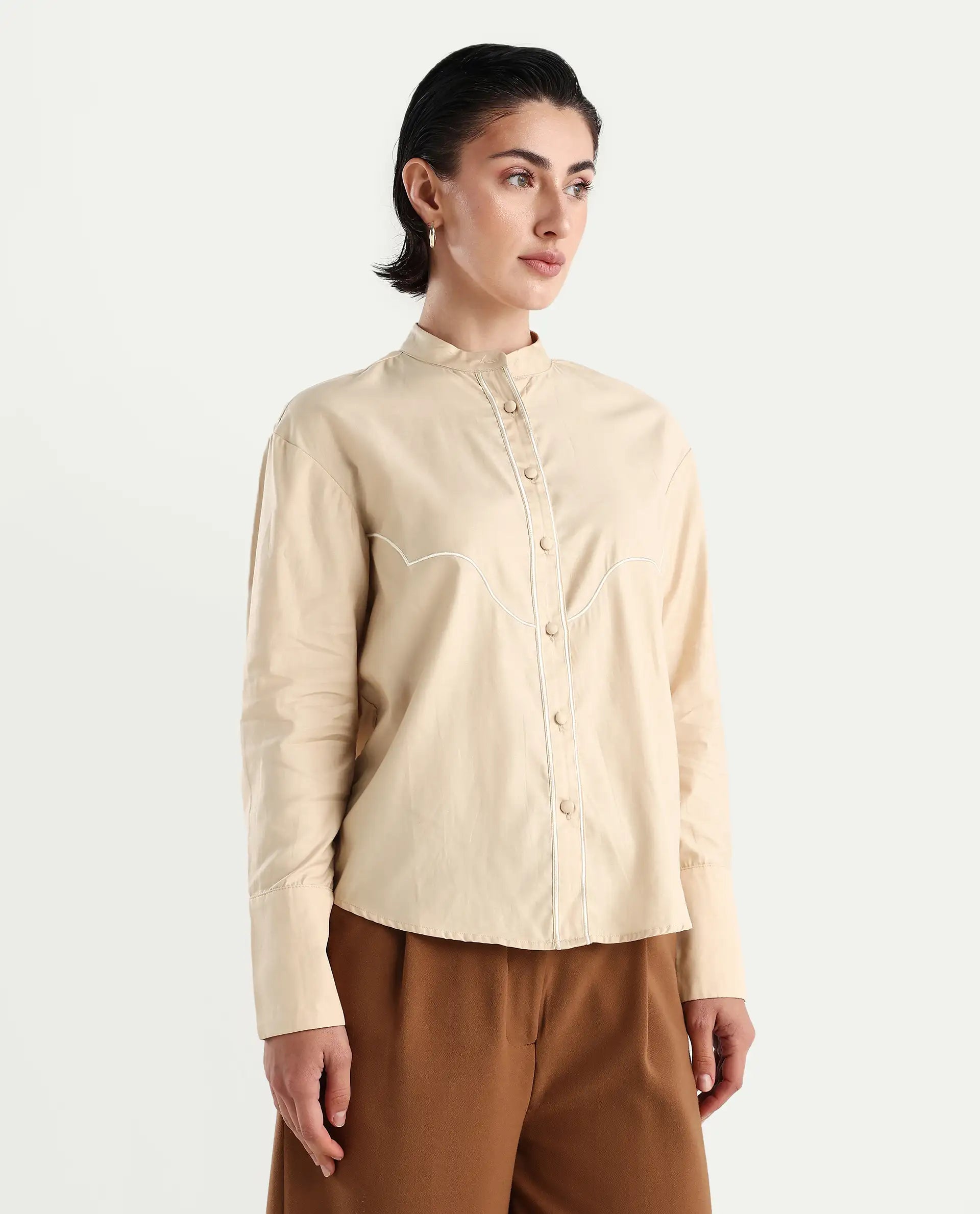 Rareism Women's Jujo Beige Cotton Blend Mandarin Collar Plain Cuffed Sleeve Regular Fit Shirt